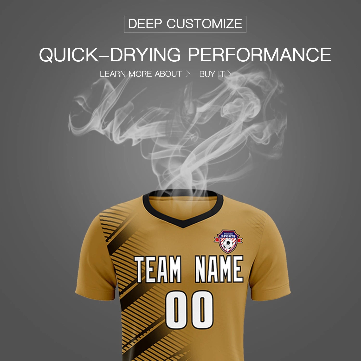 Custom Old Gold Black Casual Printing Sportswear Soccer Sets Jersey