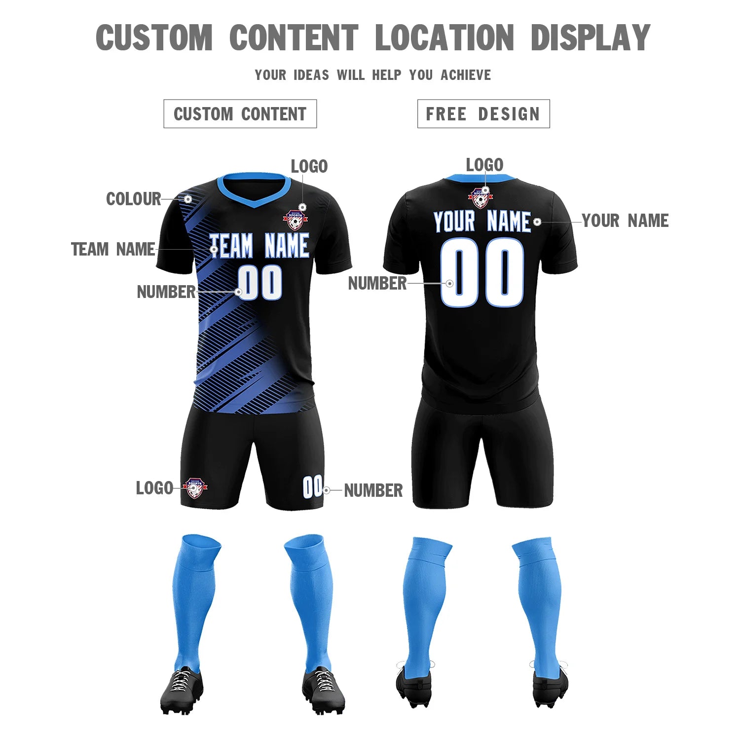 Custom Black Light Blue Casual Printing Sportswear Soccer Sets Jersey