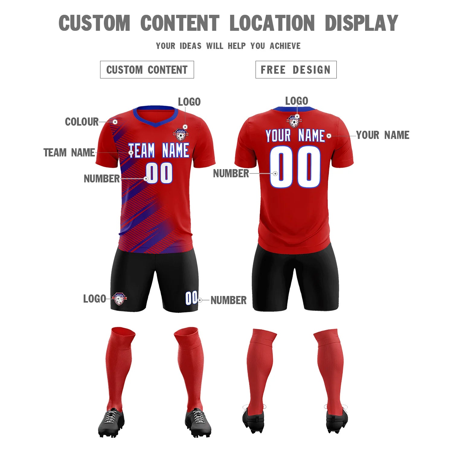 Custom Red Royal Blue Casual Printing Sportswear Soccer Sets Jersey