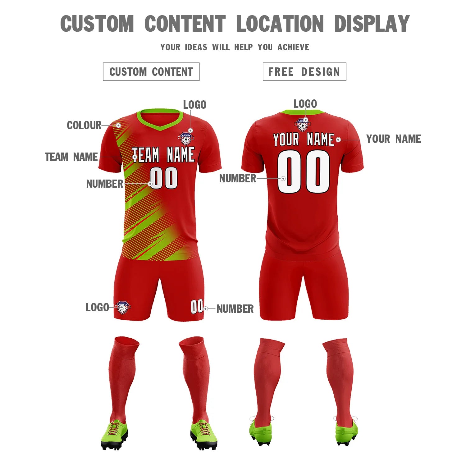 Custom Red Neon Green Casual Printing Sportswear Soccer Sets Jersey