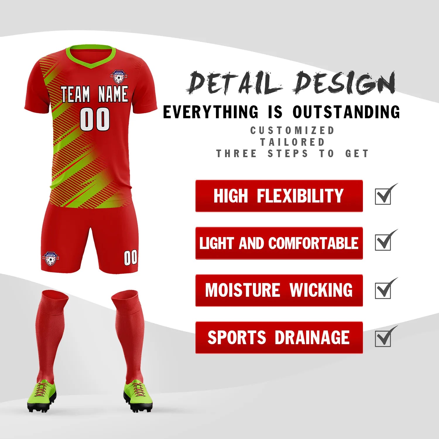 Custom Red Neon Green Casual Printing Sportswear Soccer Sets Jersey