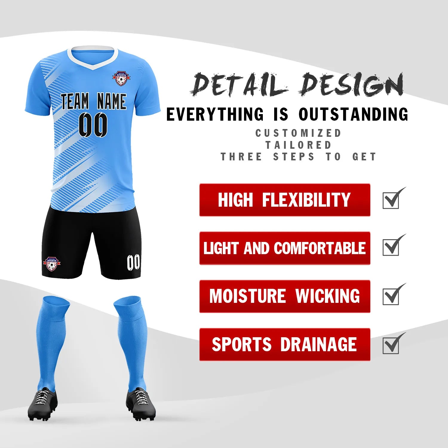 Custom Powder Blue White Casual Printing Sportswear Soccer Sets Jersey