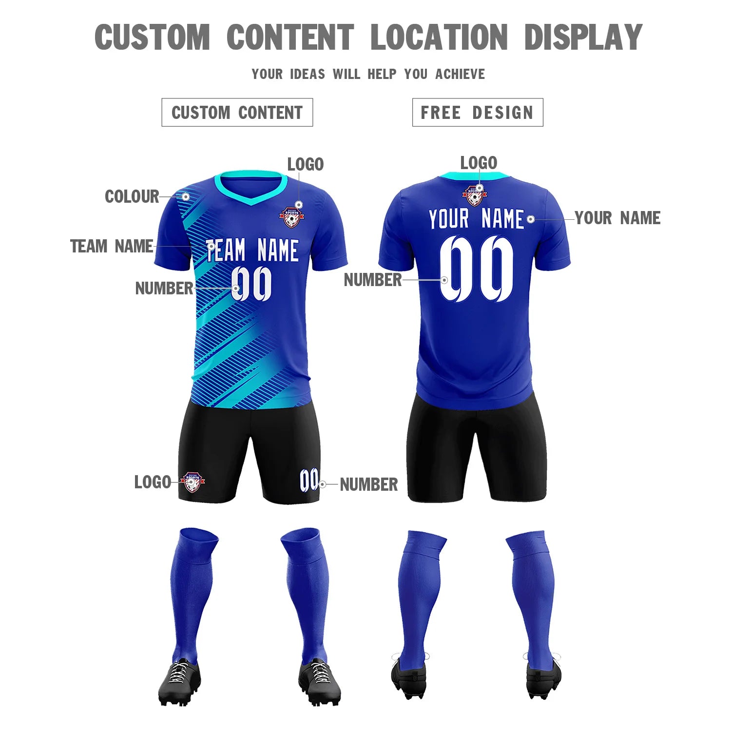 Custom Royal Blue Sky Blue Casual Printing Sportswear Soccer Sets Jersey