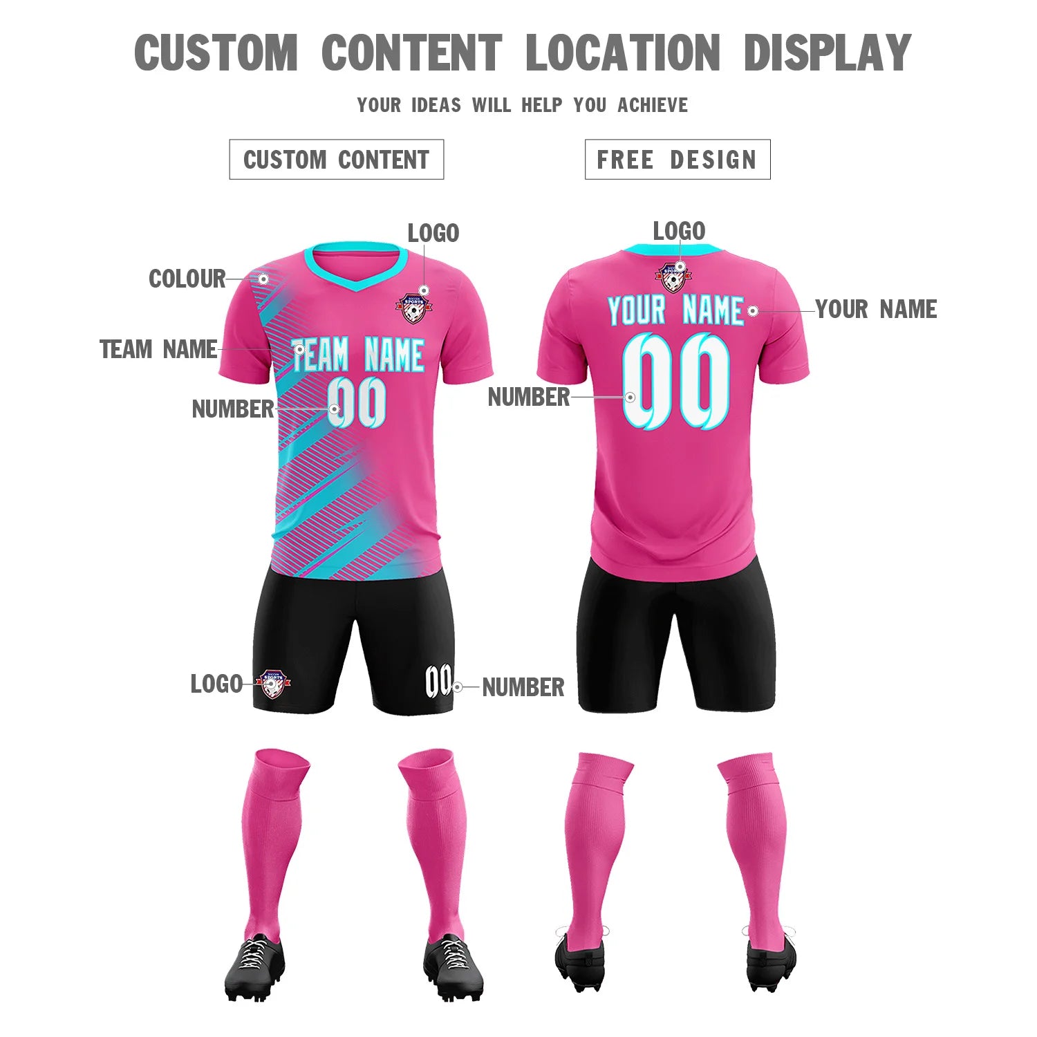 Custom Pink Sky Blue Casual Printing Sportswear Soccer Sets Jersey