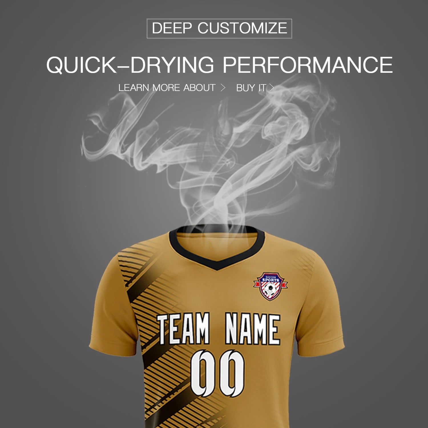 Custom Old Gold Black Casual Printing Sportswear Soccer Sets Jersey