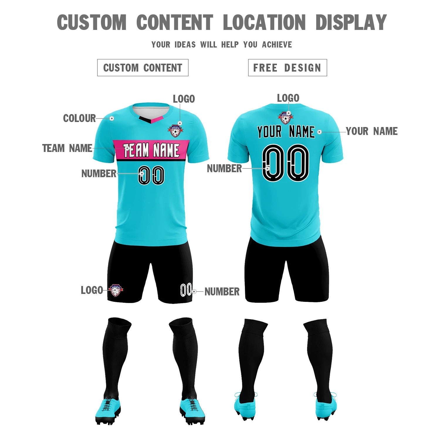 Custom Sky Blue Pink Casual Printing Sportswear Soccer Sets Jersey