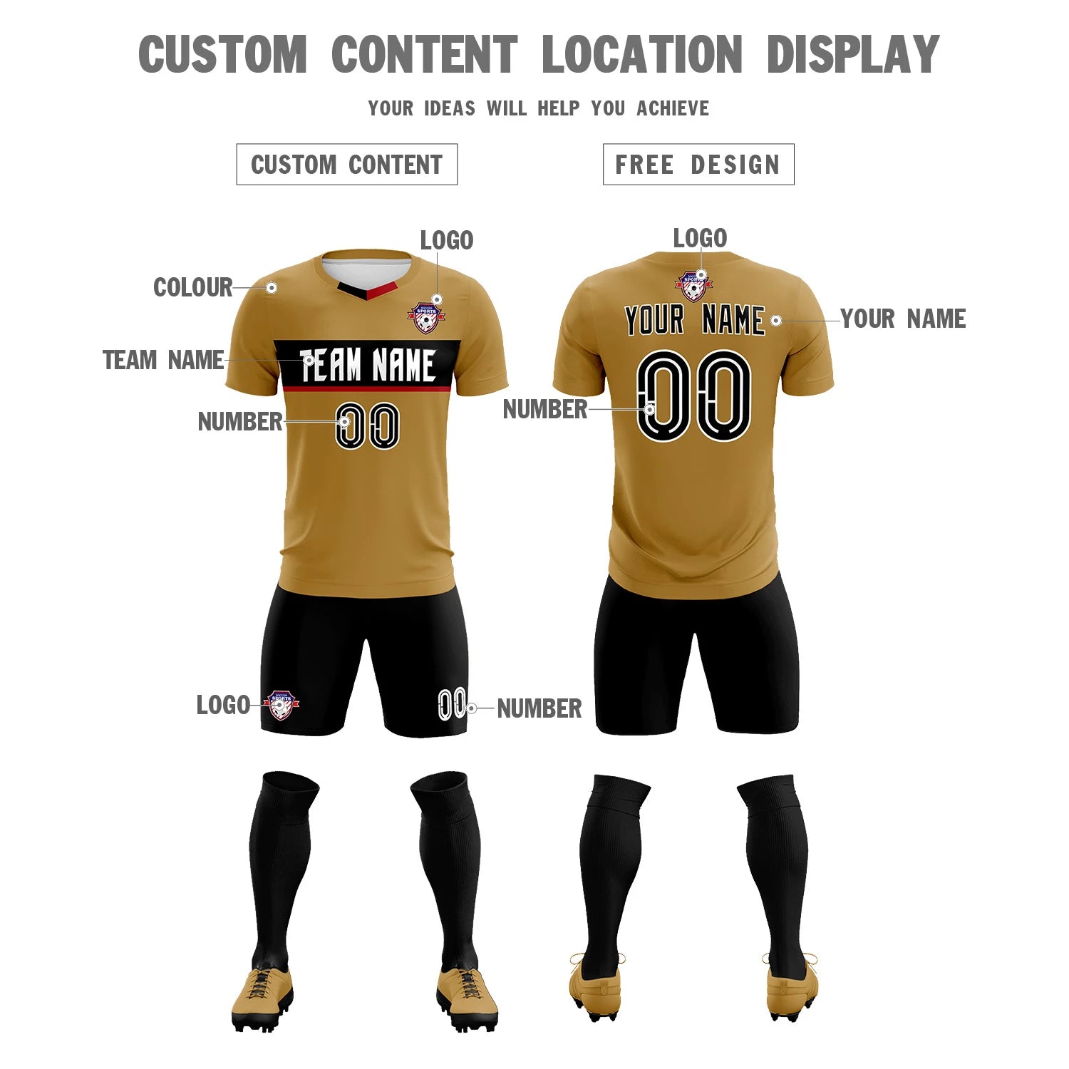 Custom Old Gold Black Casual Printing Sportswear Soccer Sets Jersey