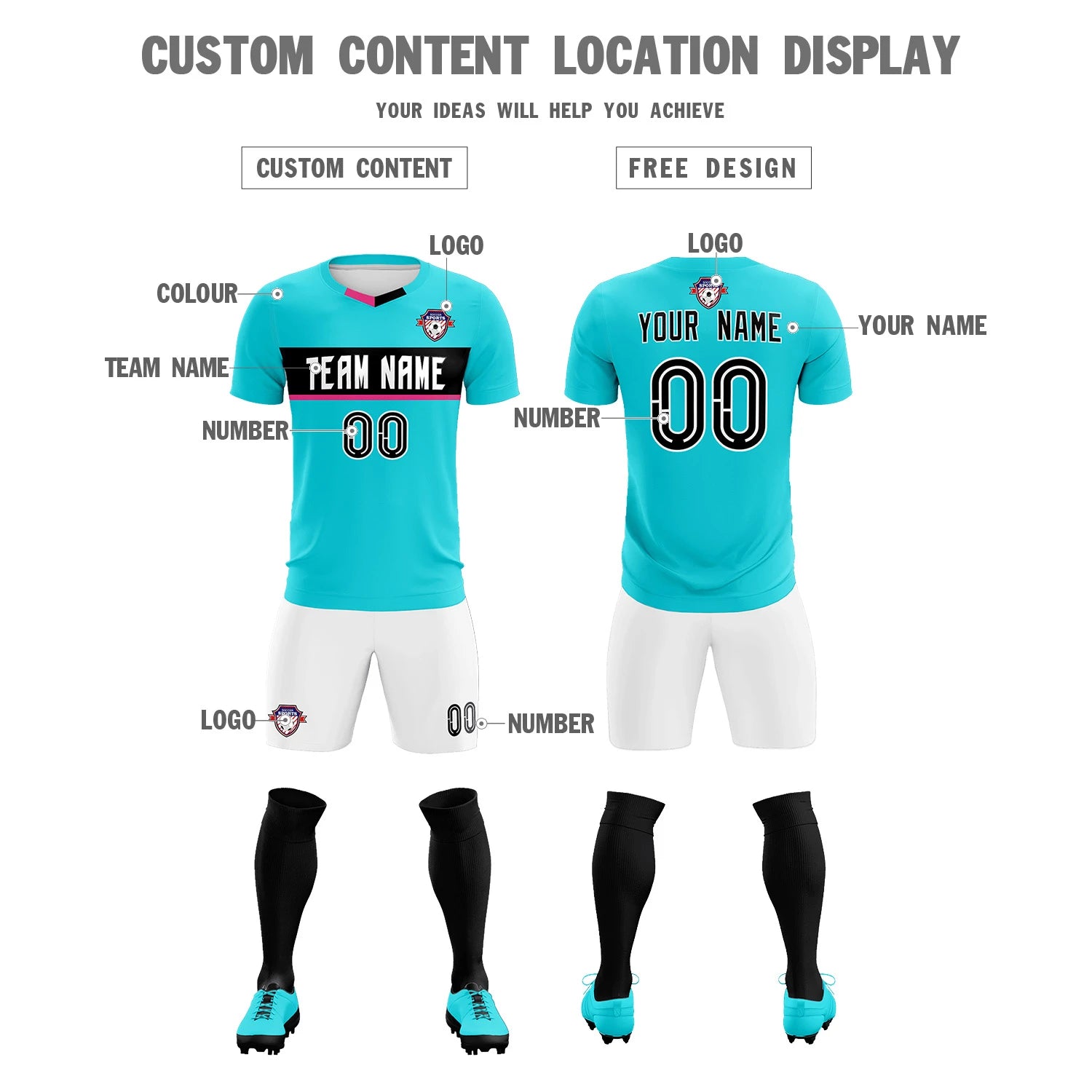 Custom Sky Blue Black Casual Printing Sportswear Soccer Sets Jersey
