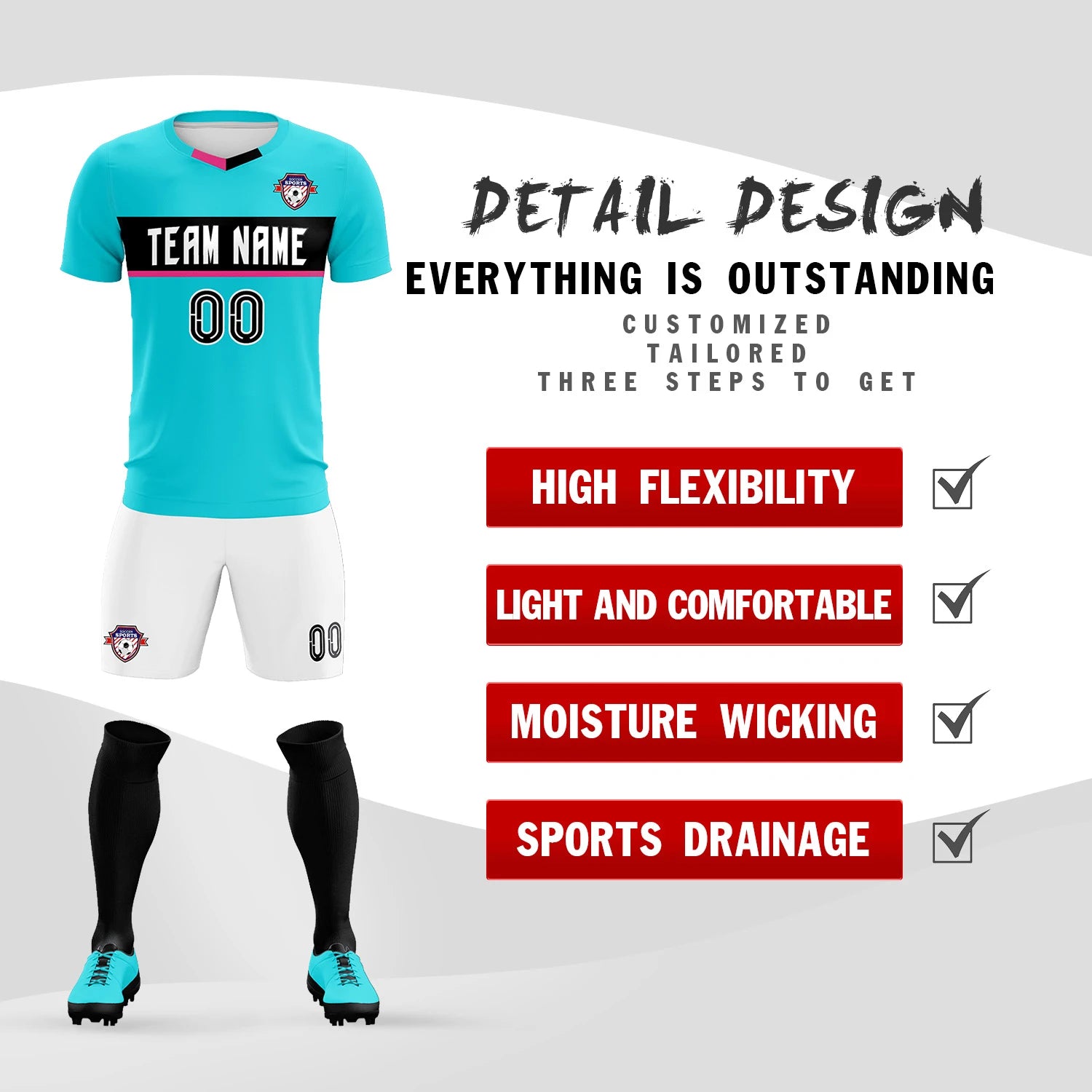 Custom Sky Blue Black Casual Printing Sportswear Soccer Sets Jersey