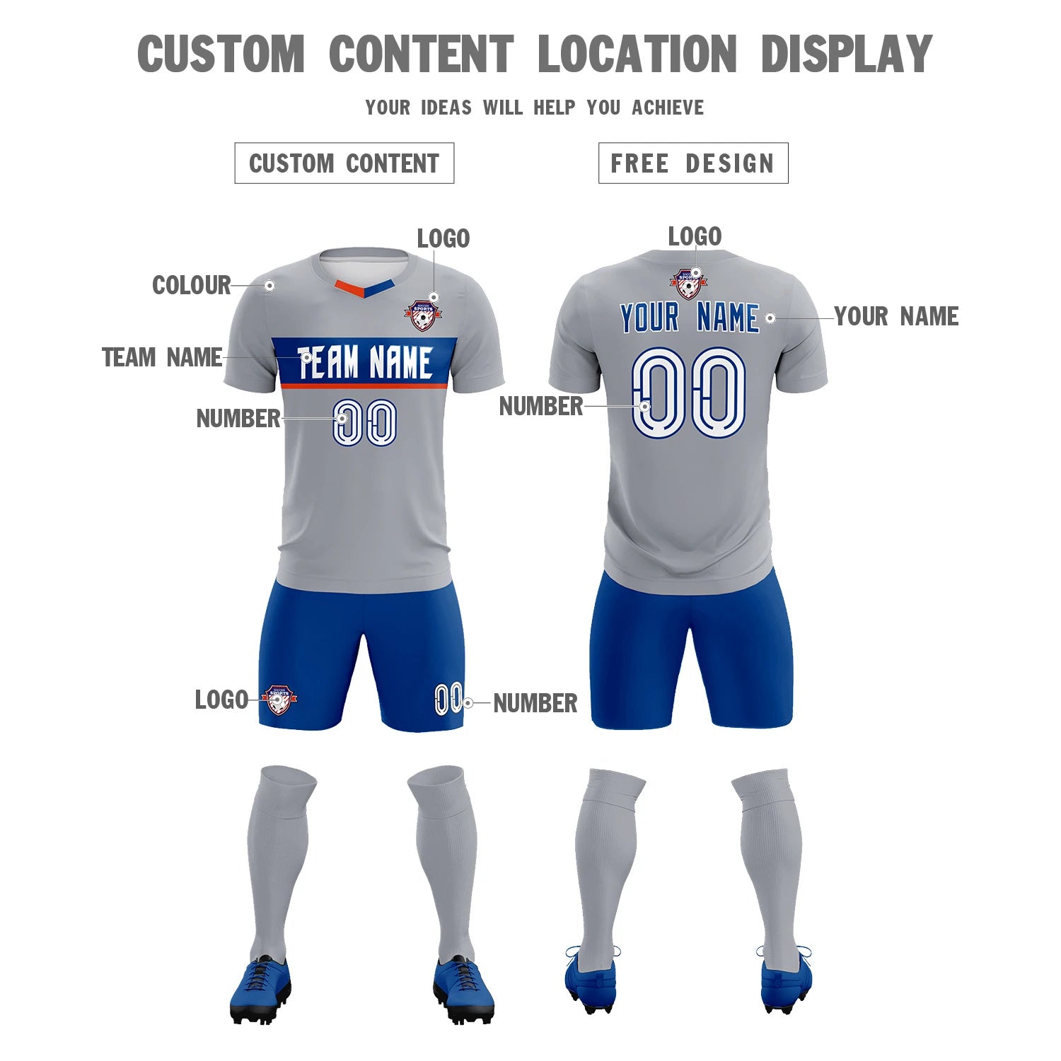 Custom Gray Royal Blue Casual Printing Sportswear Soccer Sets Jersey