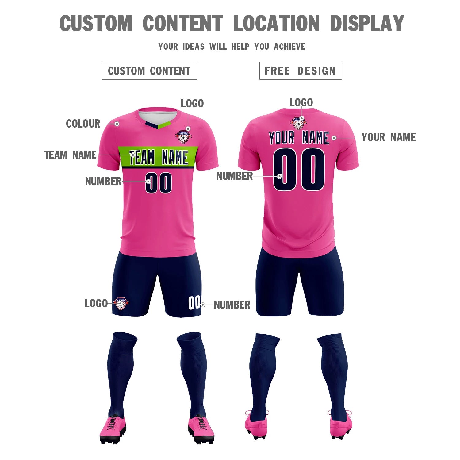 Custom Pink Navy Casual Printing Sportswear Soccer Sets Jersey
