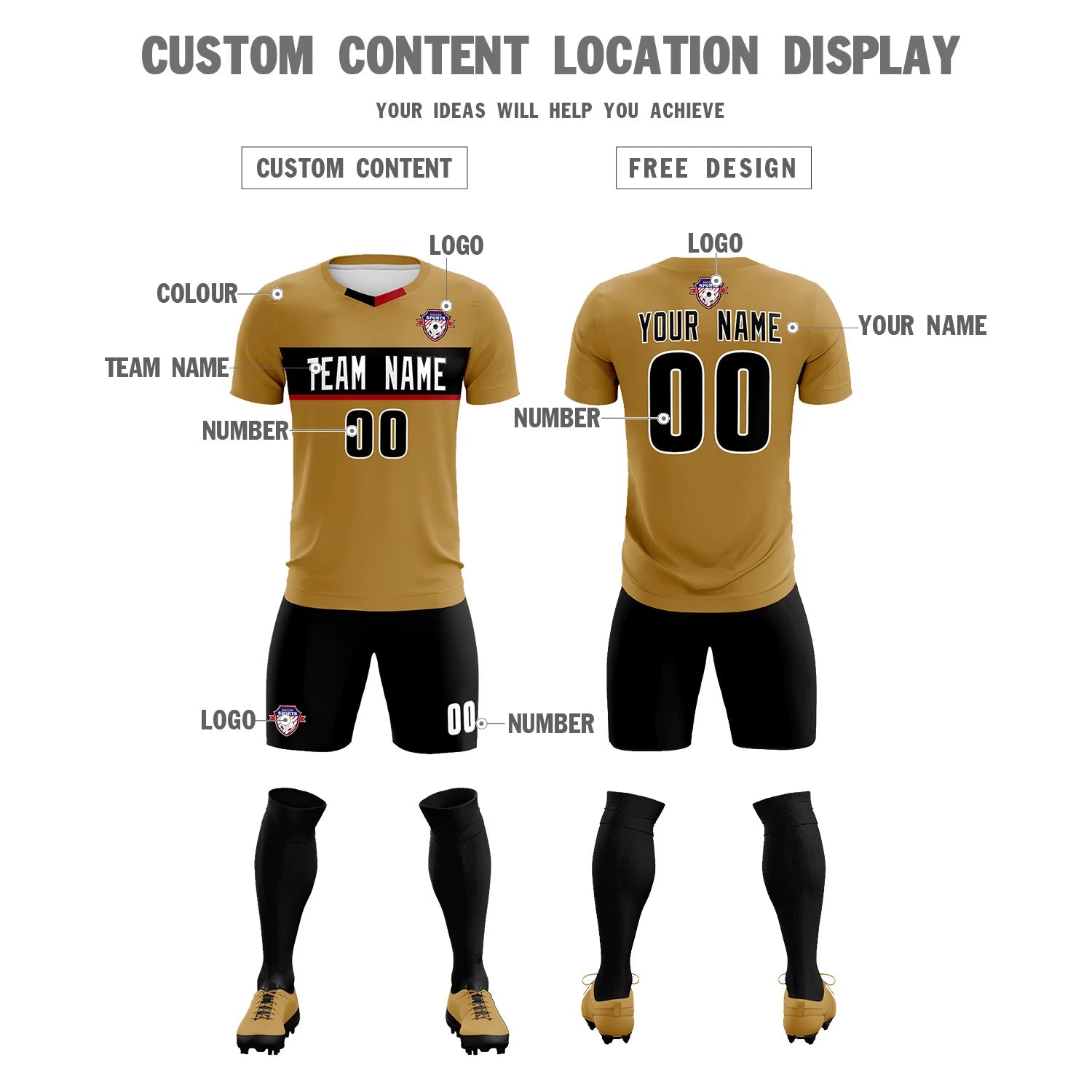 Custom Old Gold Black Casual Printing Sportswear Soccer Sets Jersey