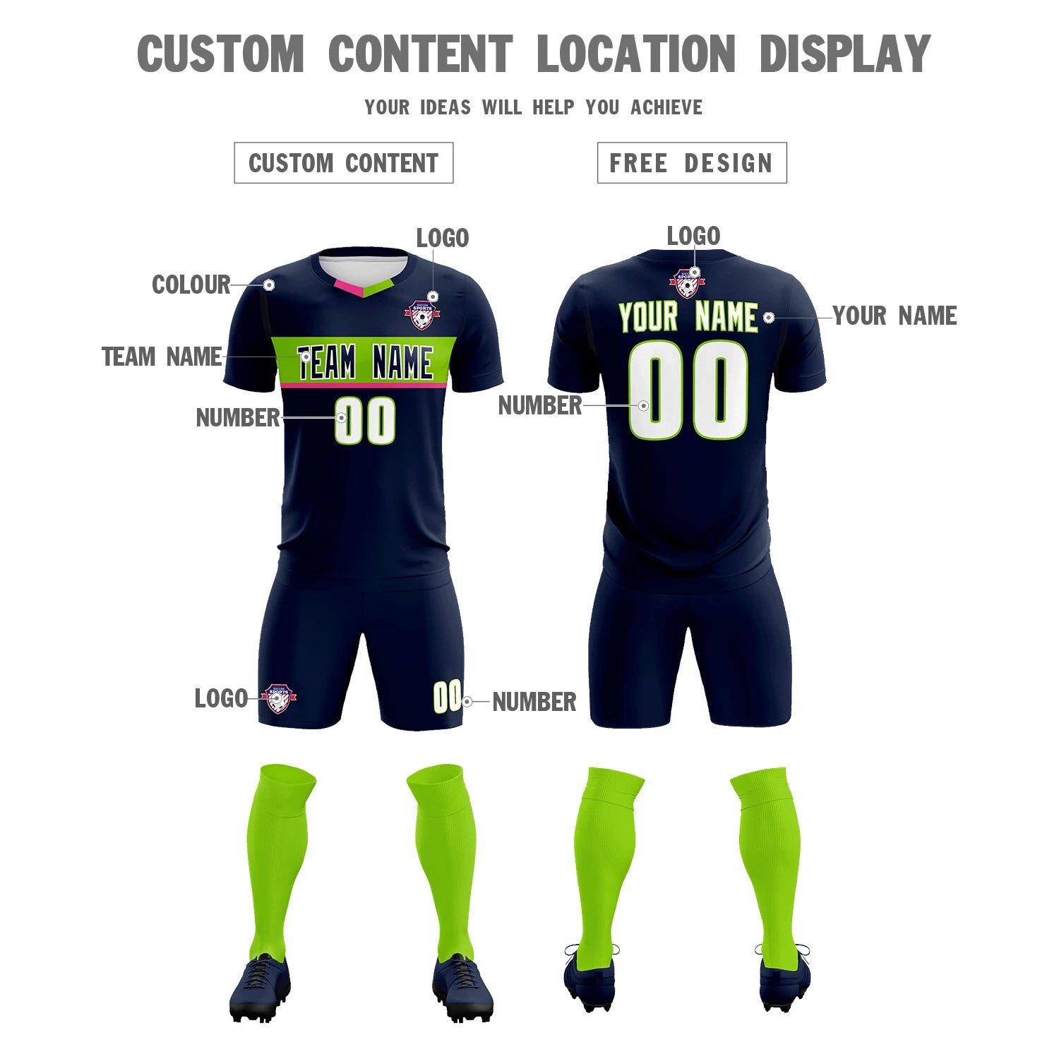 Custom Navy Neon Green Casual Printing Sportswear Soccer Sets Jersey
