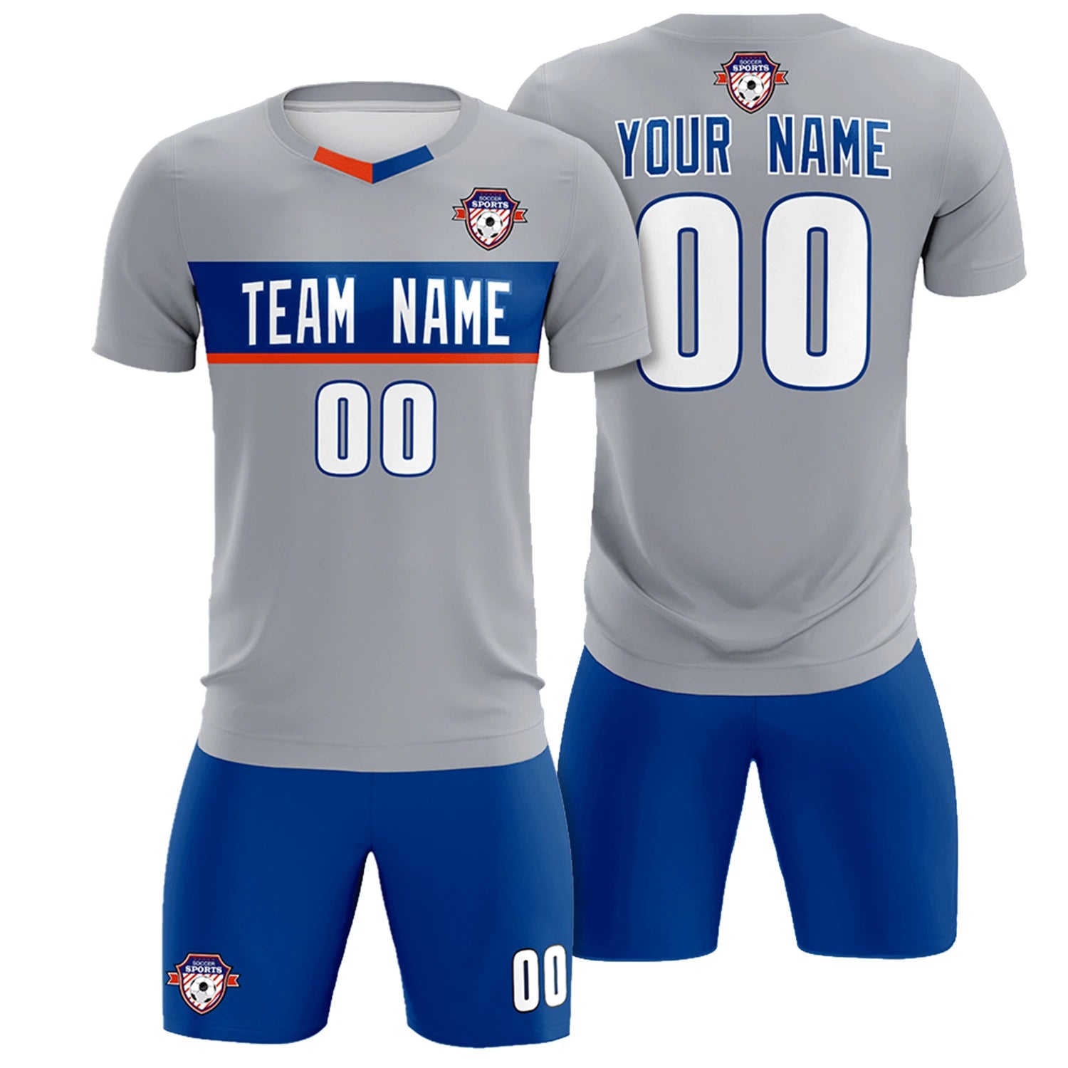 Custom Gray Royal Blue Casual Printing Sportswear Soccer Sets Jersey