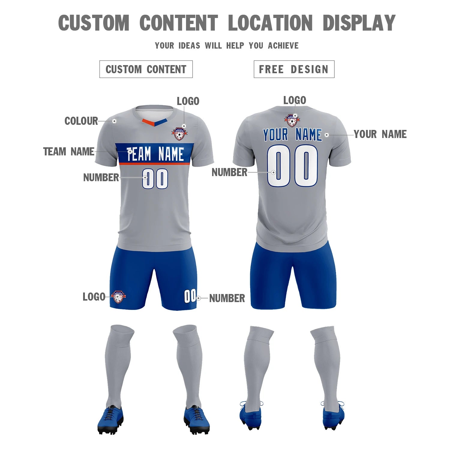 Custom Gray Royal Blue Casual Printing Sportswear Soccer Sets Jersey