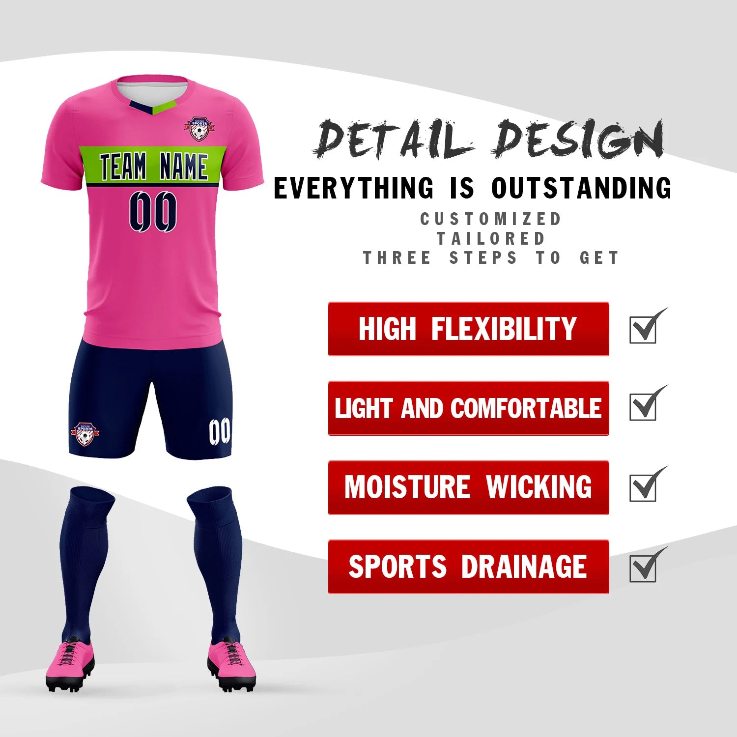 Custom Pink Navy Casual Printing Sportswear Soccer Sets Jersey