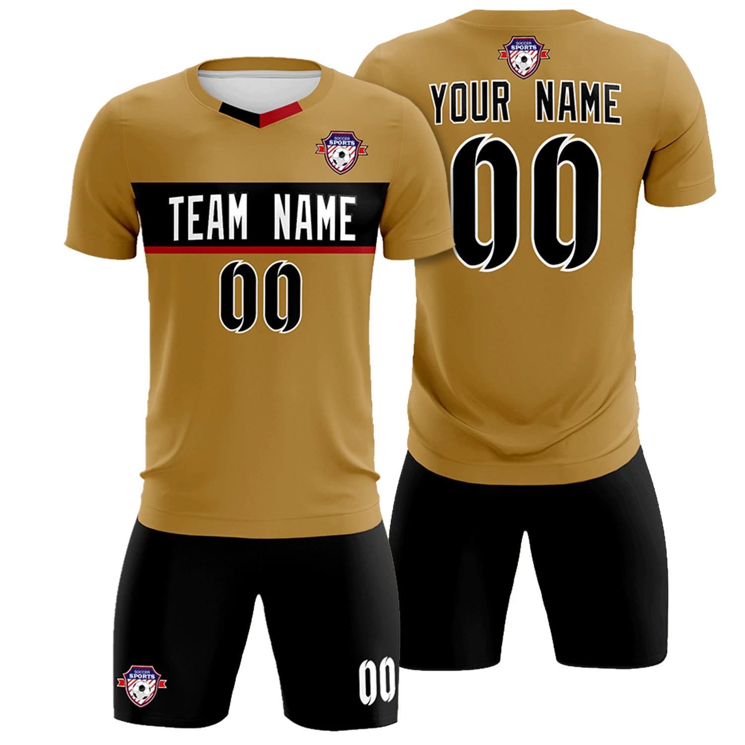 Custom Old Gold Black Casual Printing Sportswear Soccer Sets Jersey