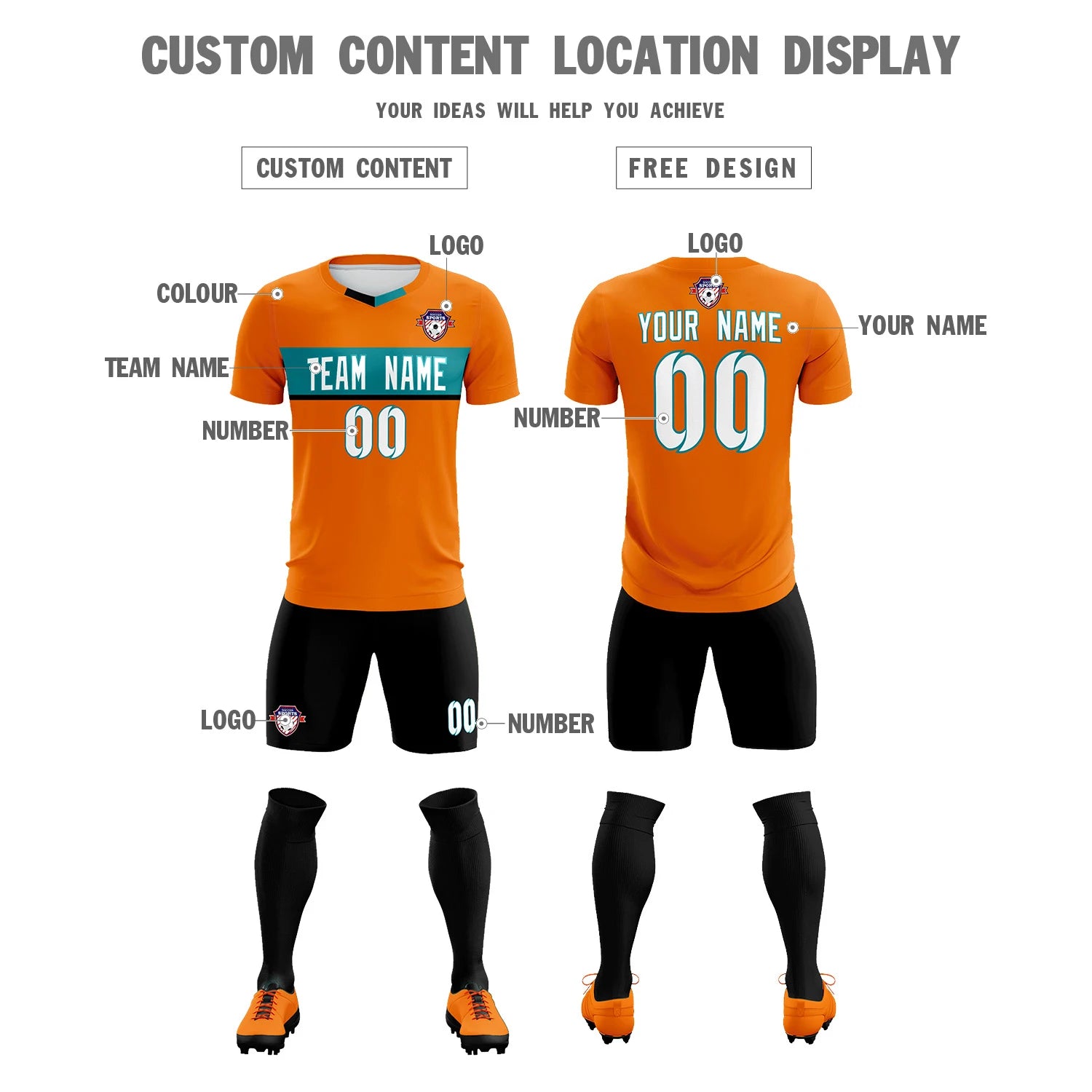 Custom Orange Aqua Casual Printing Sportswear Soccer Sets Jersey