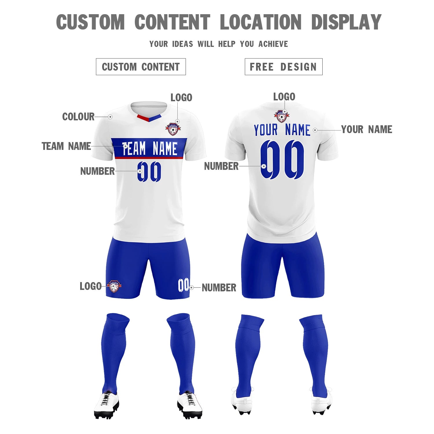 Custom White Royal Blue Casual Printing Sportswear Soccer Sets Jersey