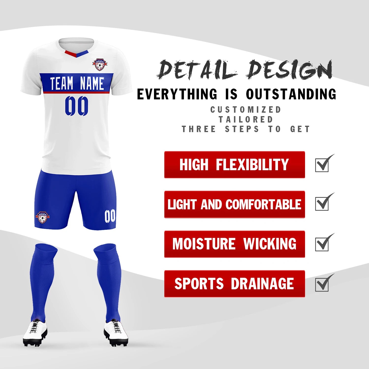 Custom White Royal Blue Casual Printing Sportswear Soccer Sets Jersey