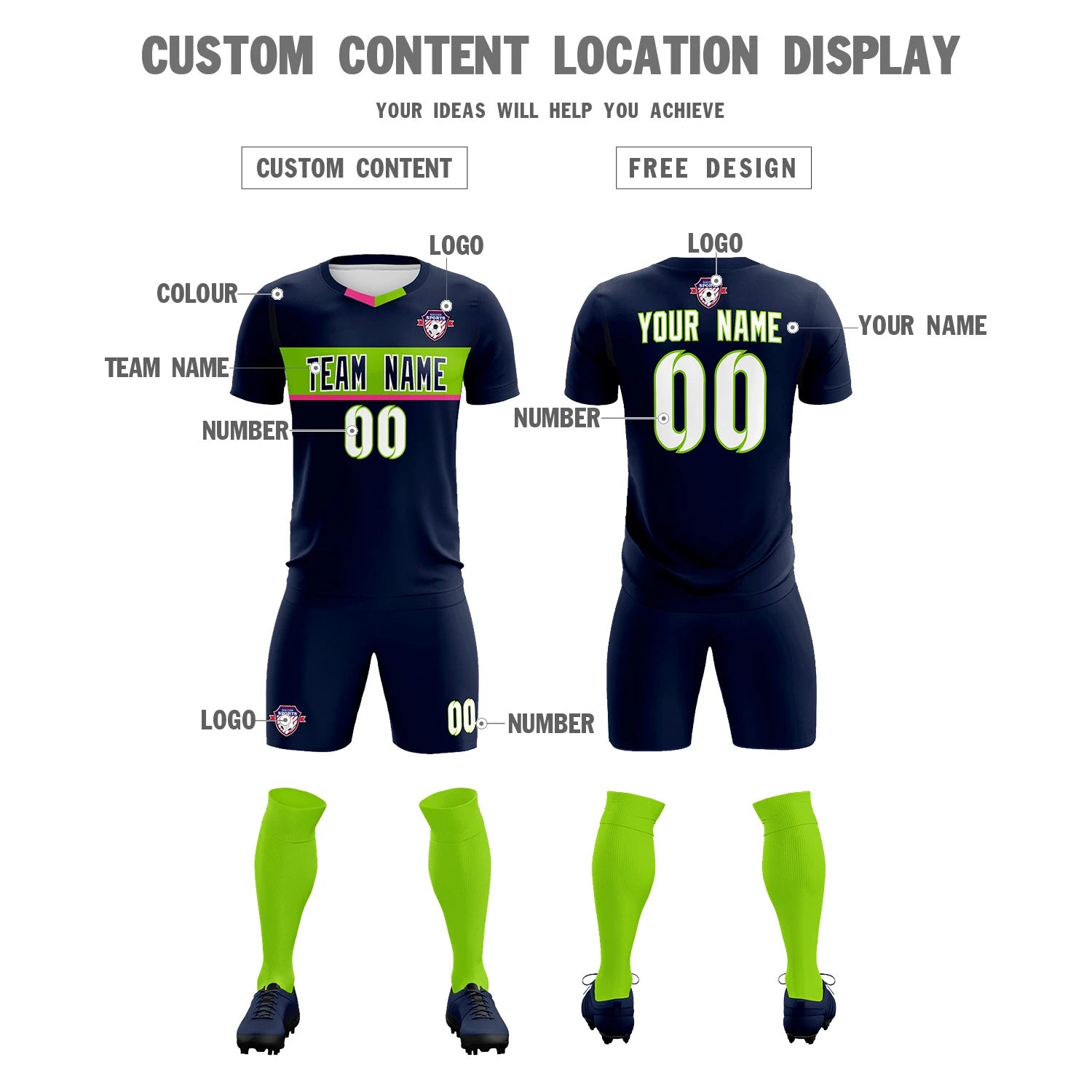 Custom Navy Neon Green Casual Printing Sportswear Soccer Sets Jersey