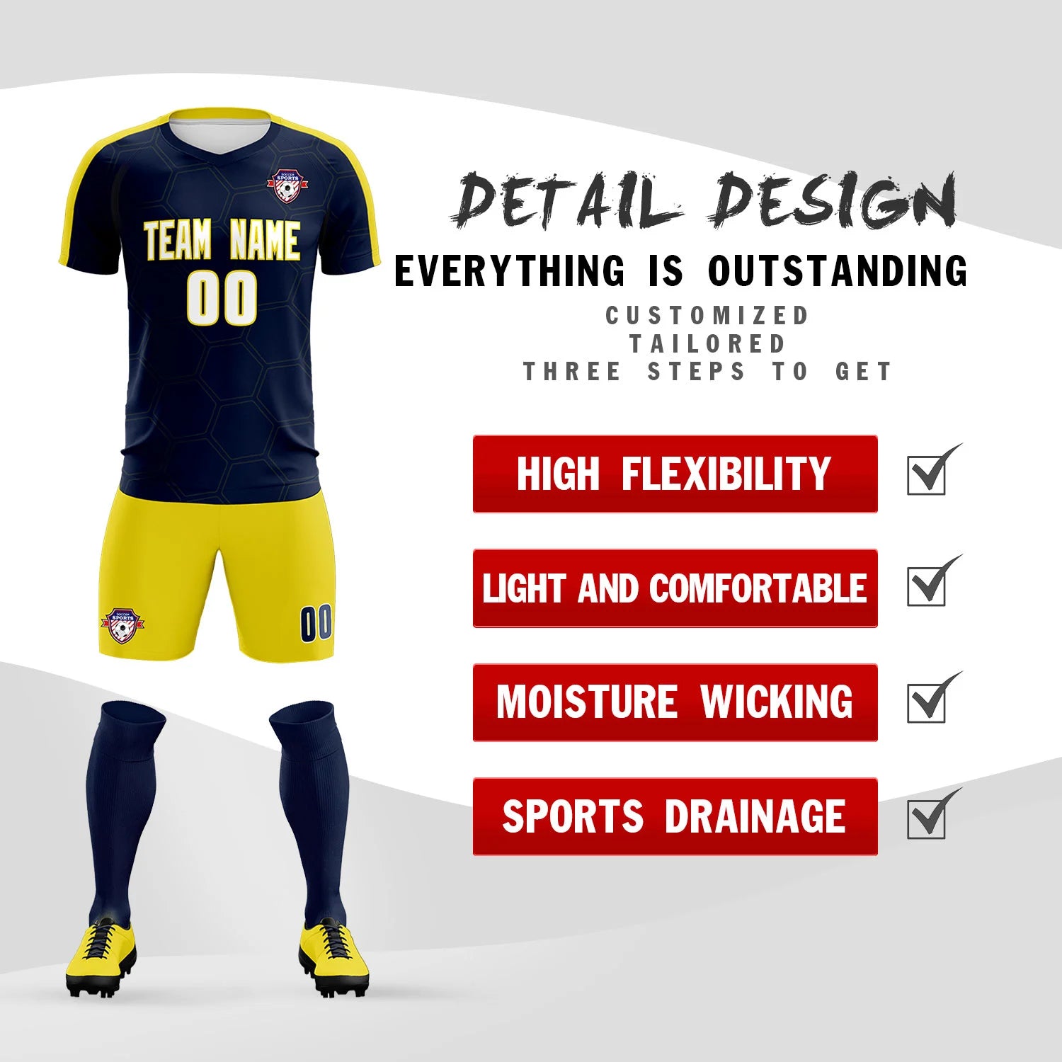 Custom Navy Yellow Outdoor Sport Soccer Sets Jersey