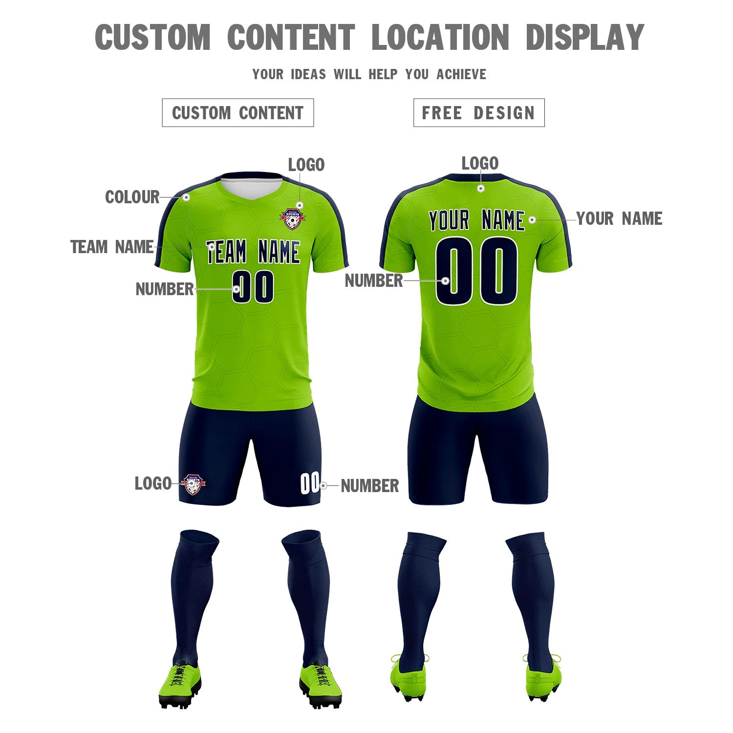 Custom Neon Green Navy Outdoor Sport Soccer Sets Jersey