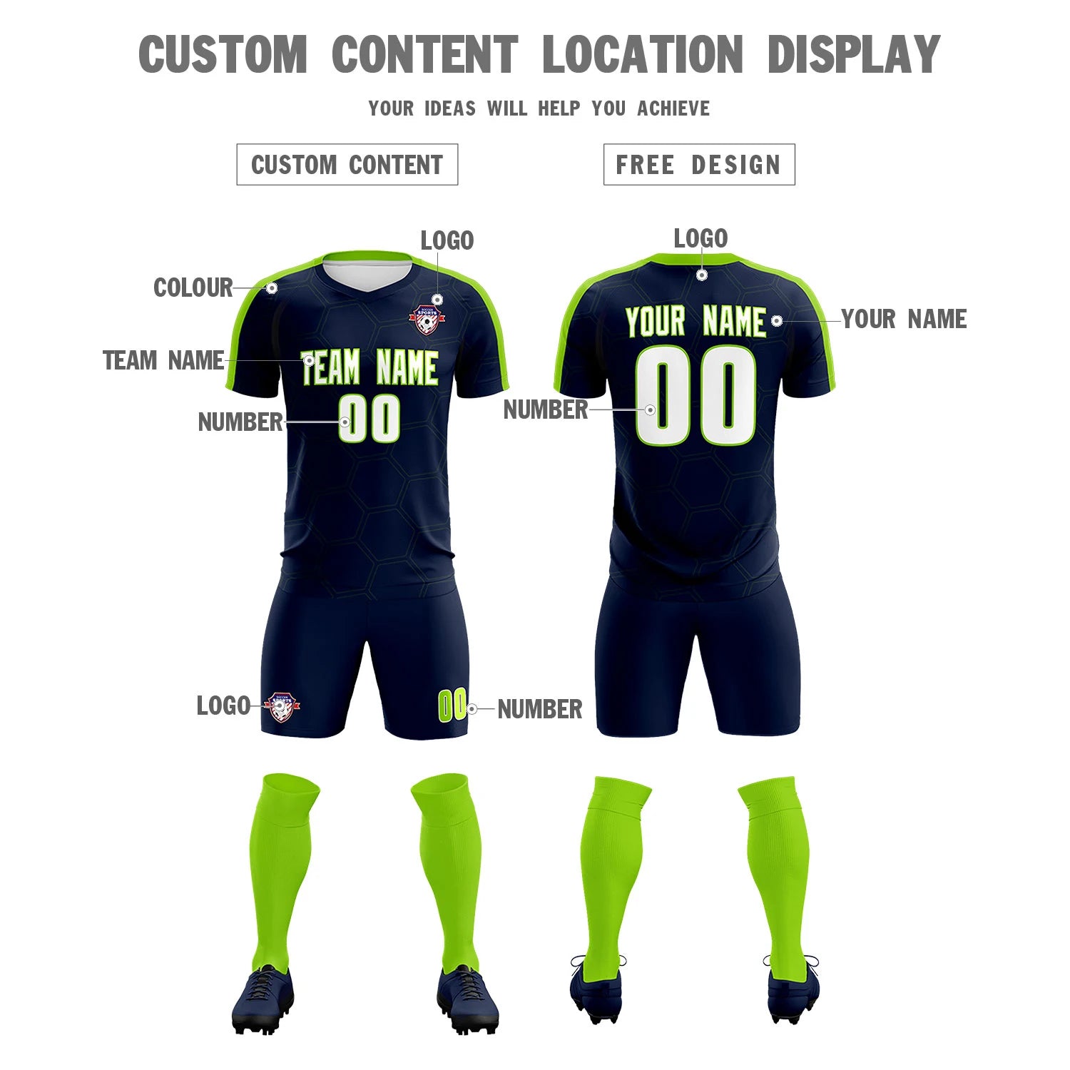 Custom Navy Neon Green Outdoor Sport Soccer Sets Jersey