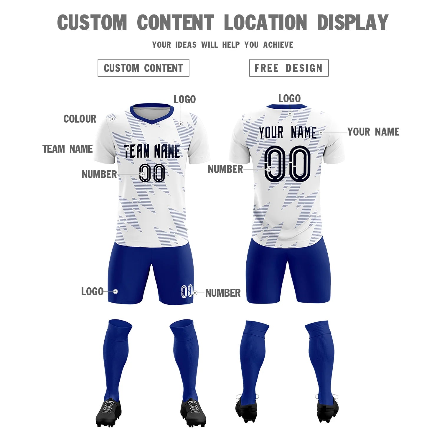 Custom White Royal Blue Quick Dry Training Uniform Soccer Sets Jersey