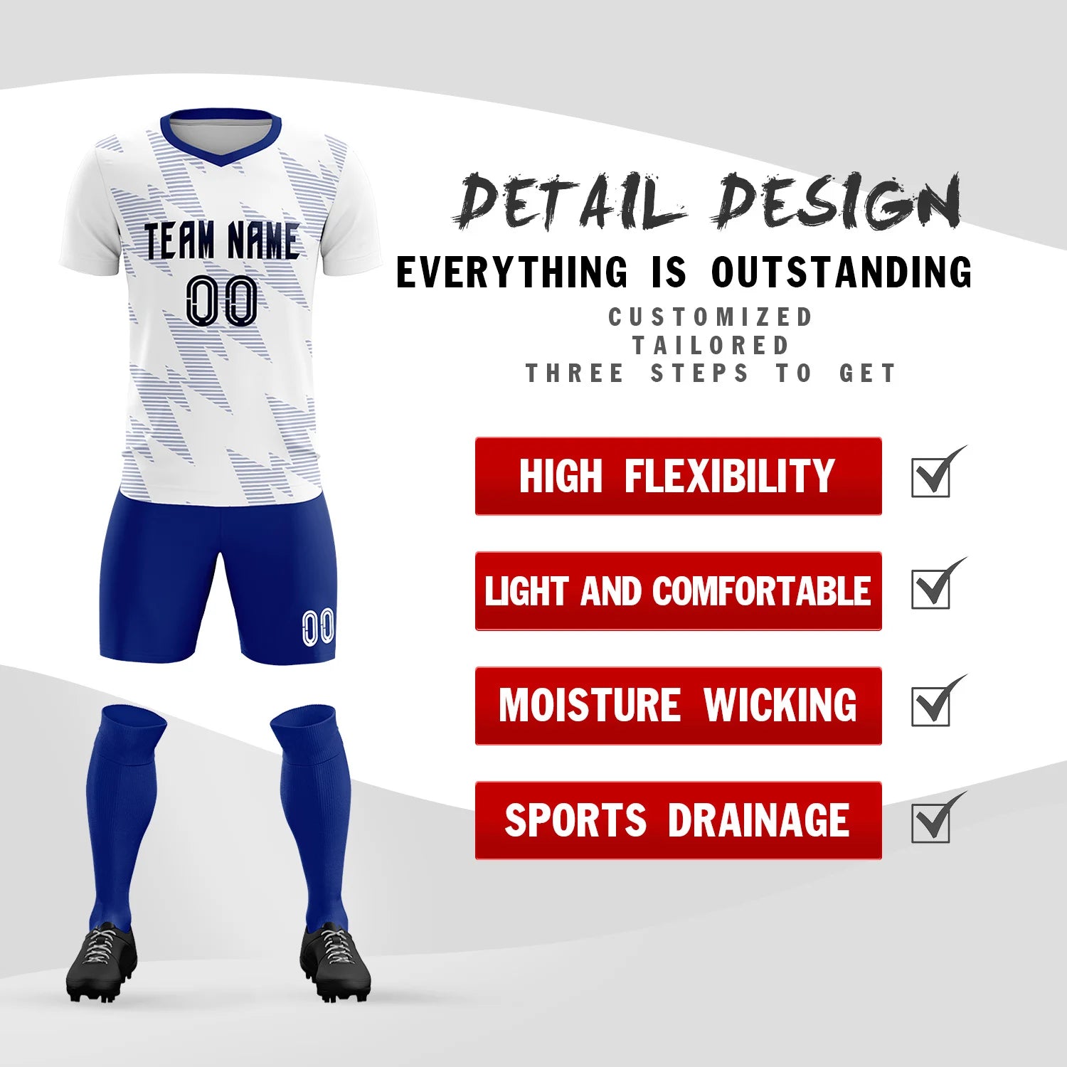 Custom White Royal Blue Quick Dry Training Uniform Soccer Sets Jersey