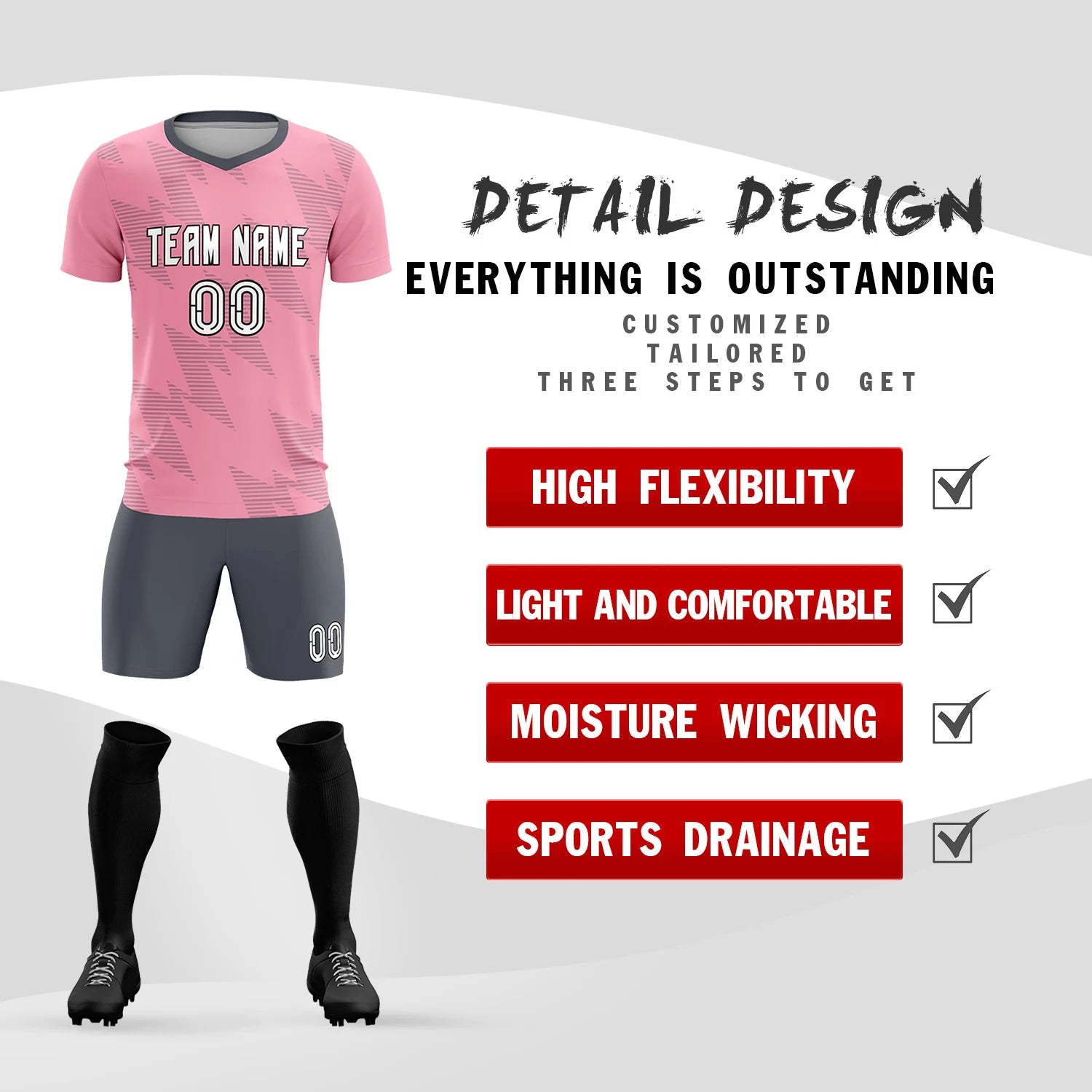 Custom Light Pink Gray Quick Dry Training Uniform Soccer Sets Jersey