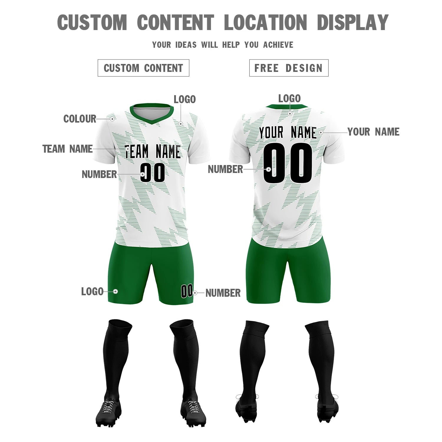 Custom White Kelly Green Quick Dry Training Uniform Soccer Sets Jersey