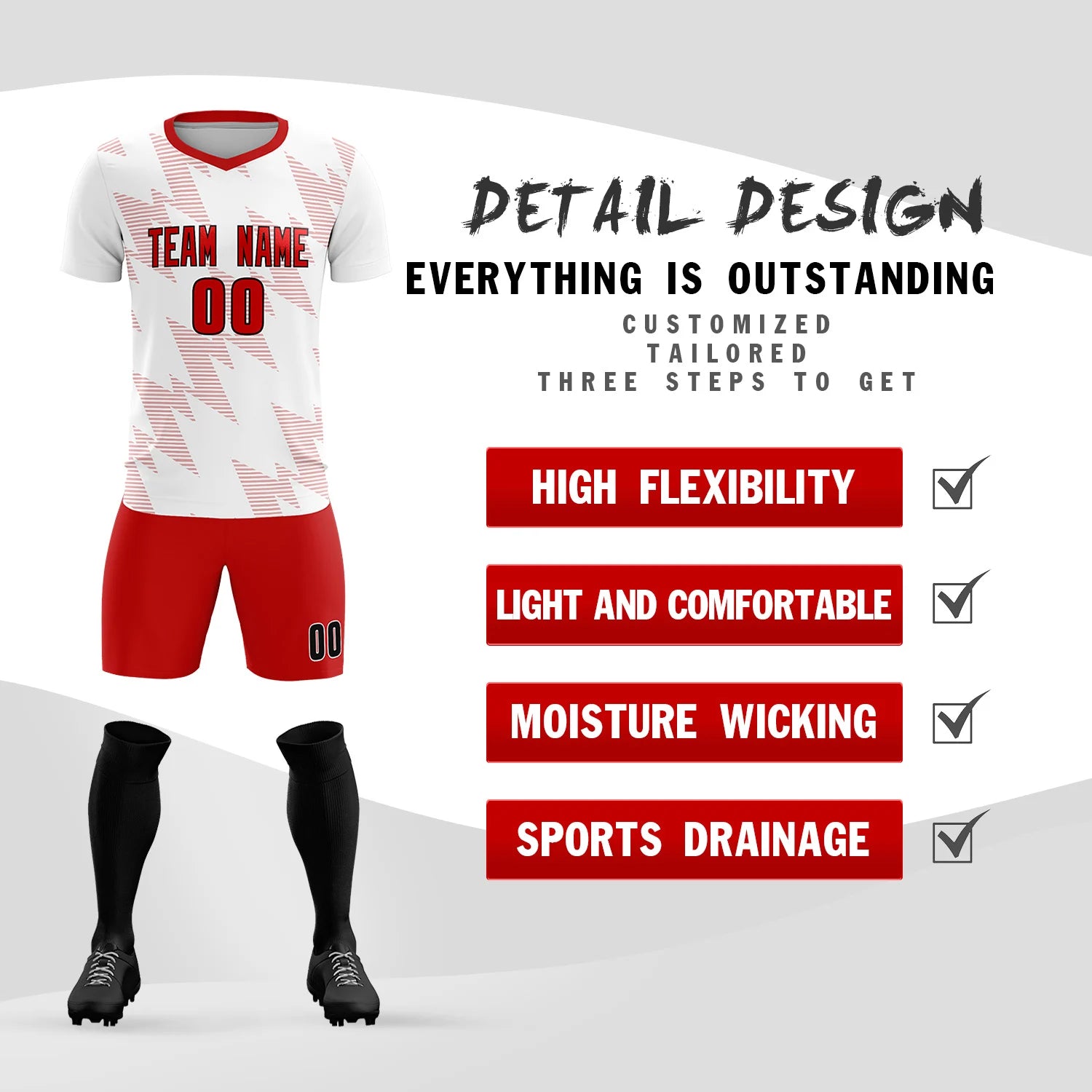 Custom White Red Quick Dry Training Uniform Soccer Sets Jersey