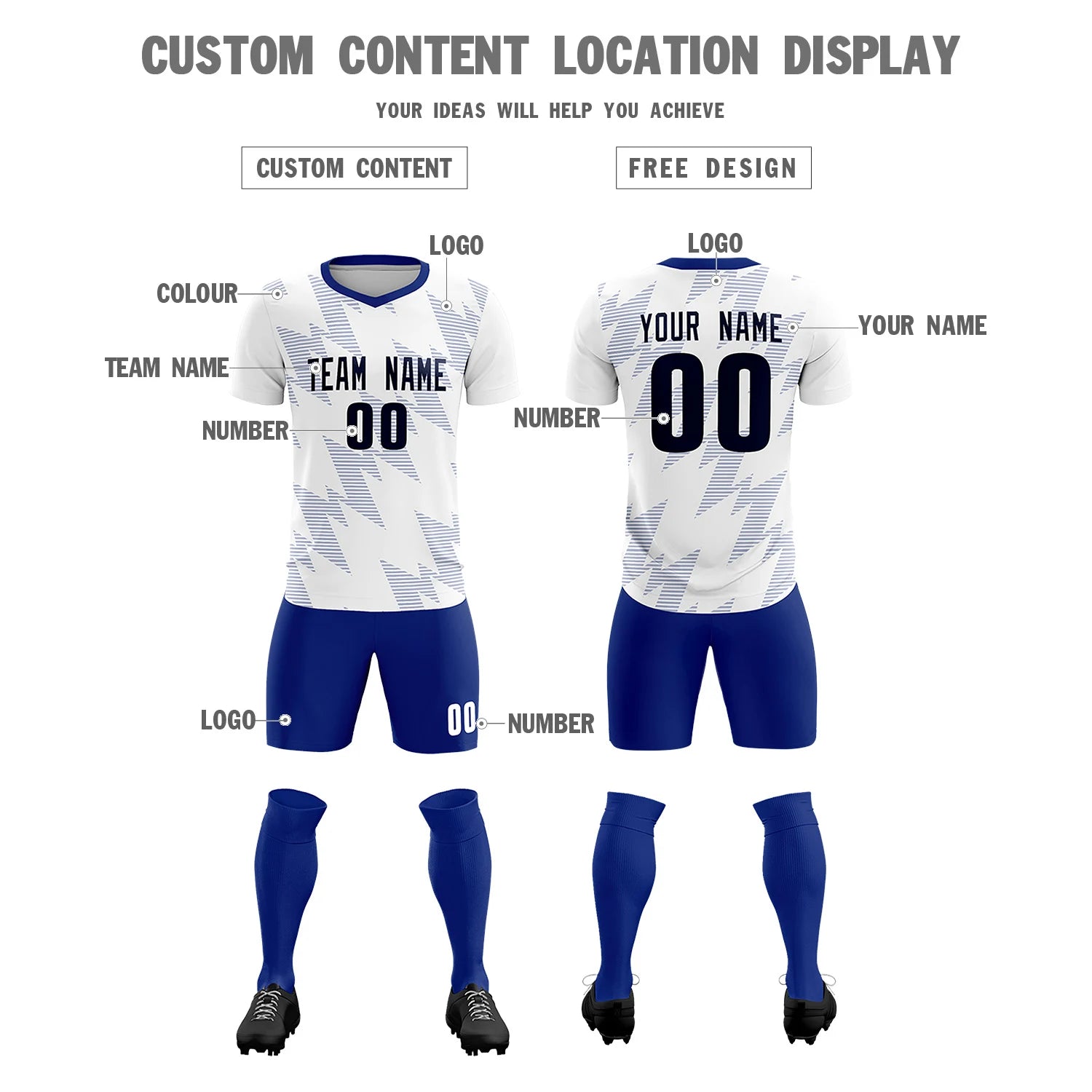 Custom White Royal Blue Quick Dry Training Uniform Soccer Sets Jersey