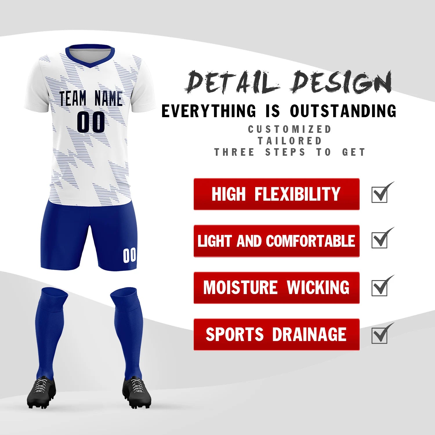Custom White Royal Blue Quick Dry Training Uniform Soccer Sets Jersey