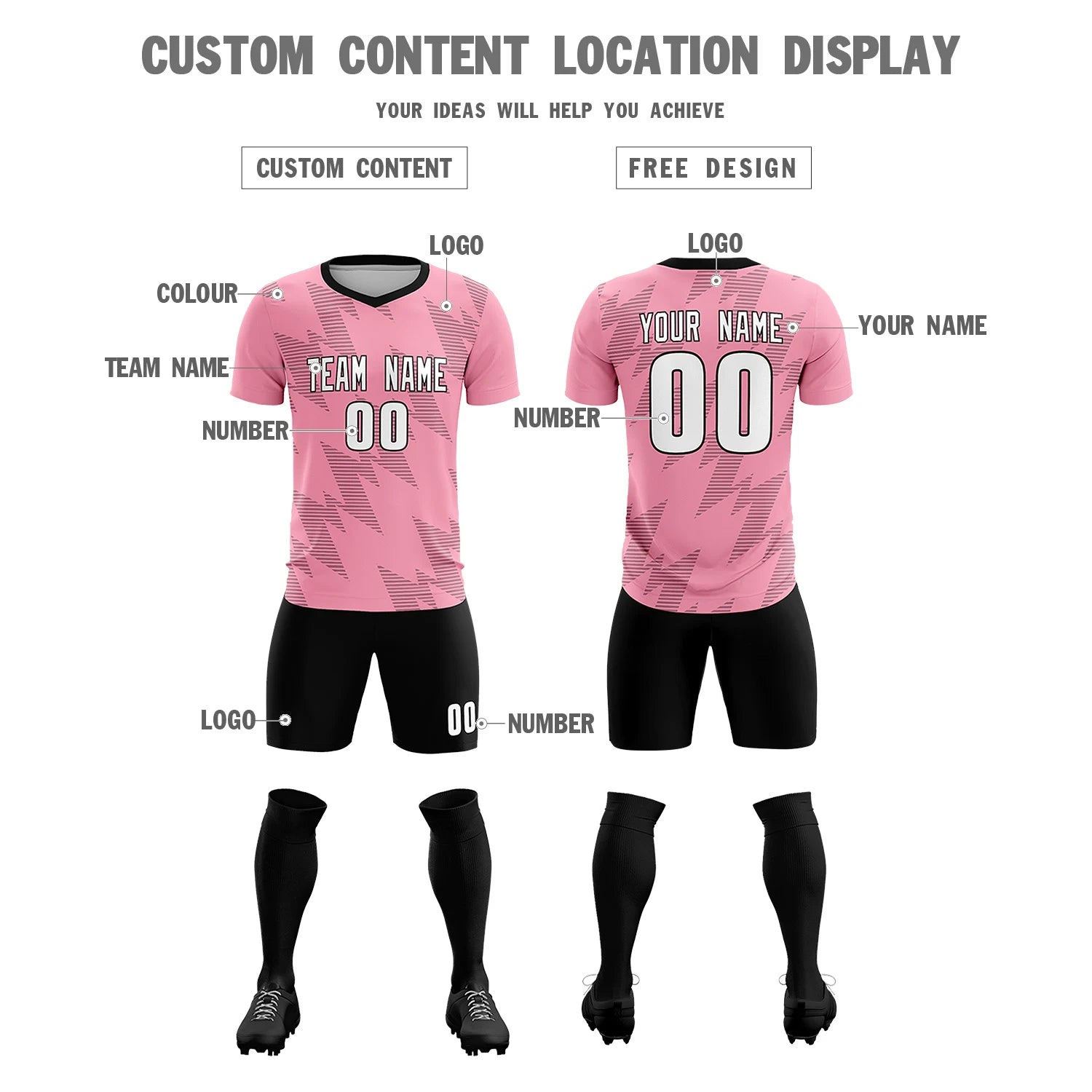 Custom Light Pink Black Quick Dry Training Uniform Soccer Sets Jersey