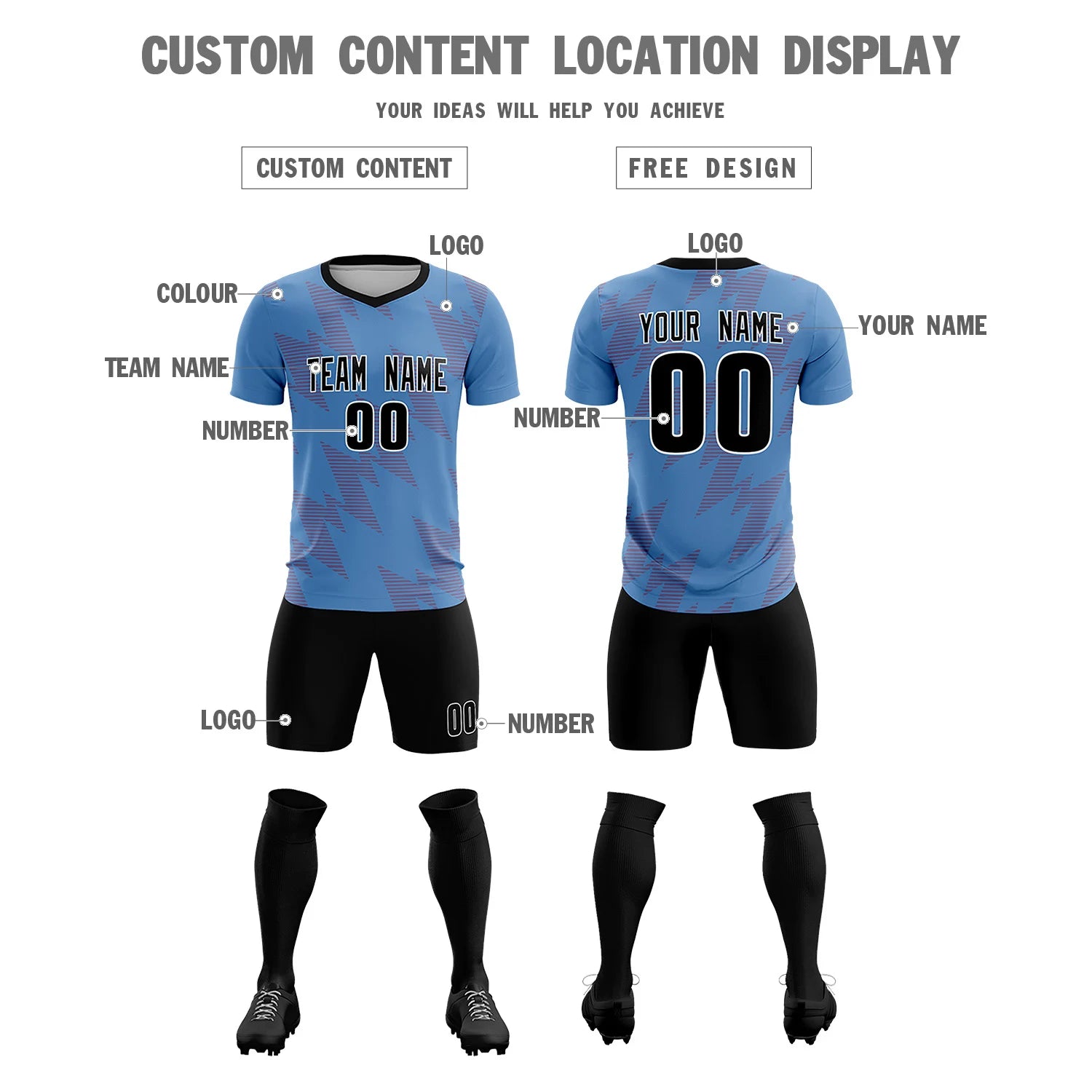 Custom Powder Blue Red Quick Dry Training Uniform Soccer Sets Jersey