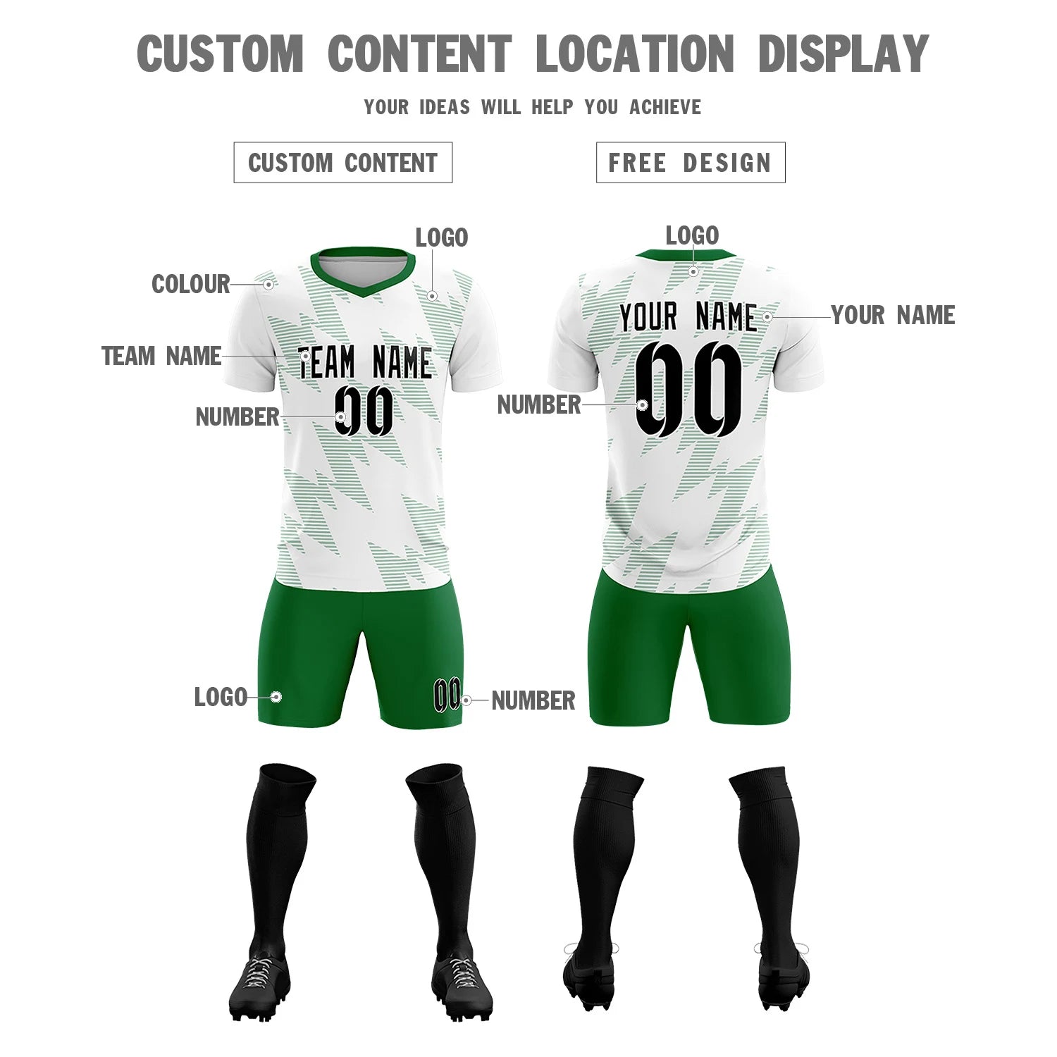 Custom White Kelly Green Quick Dry Training Uniform Soccer Sets Jersey