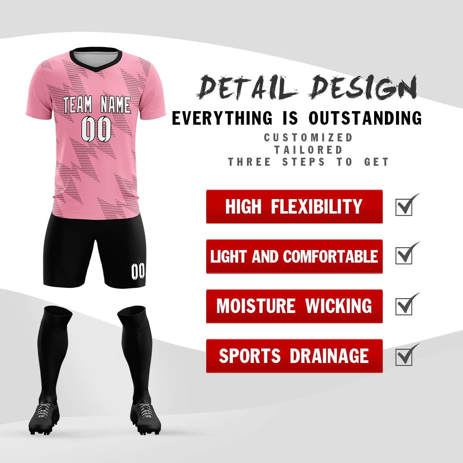 Custom Light Pink Black Quick Dry Training Uniform Soccer Sets Jersey