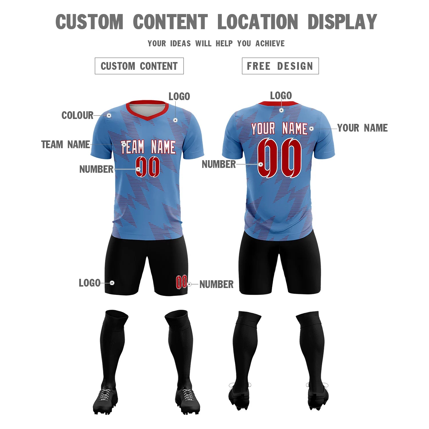 Custom Powder Blue Red Quick Dry Training Uniform Soccer Sets Jersey