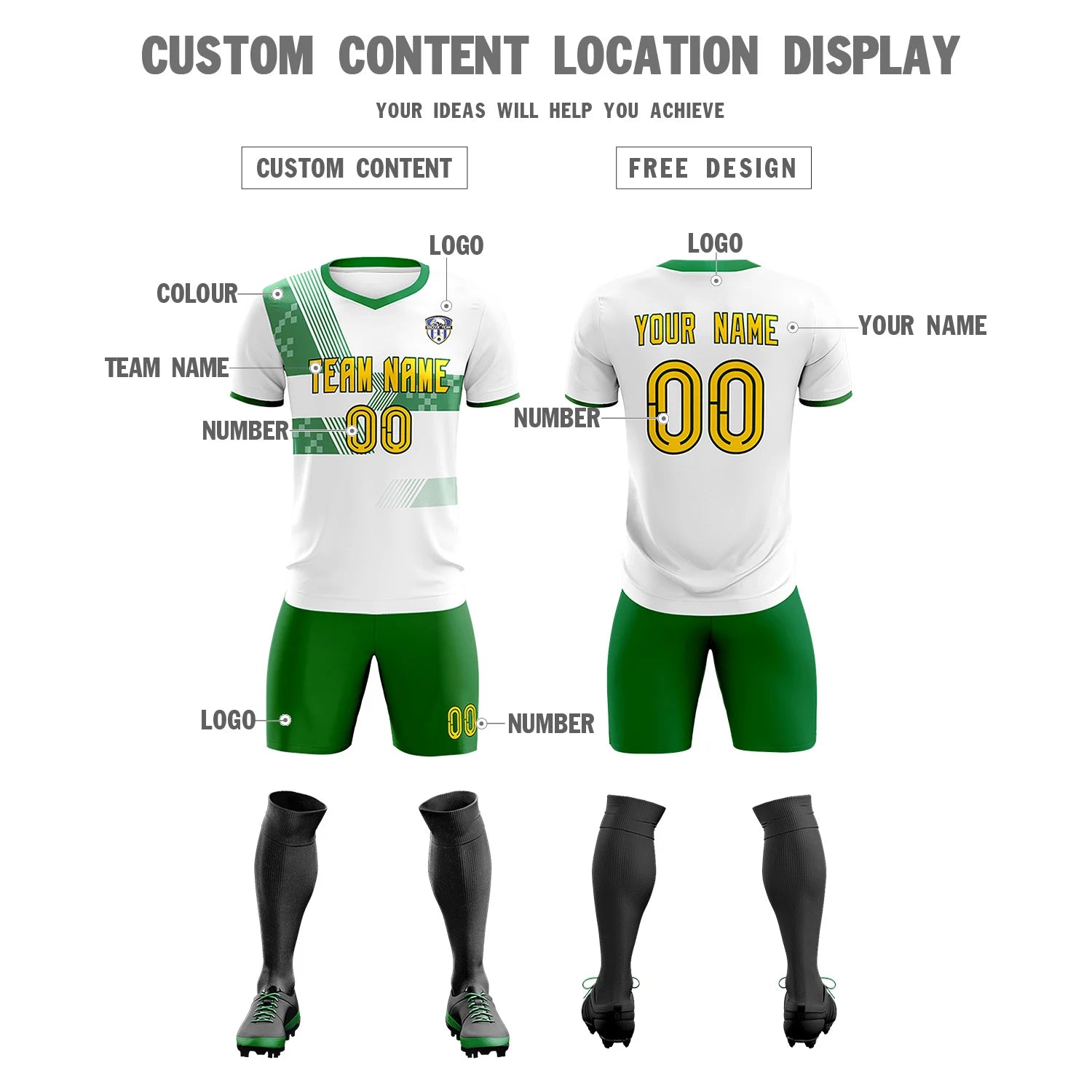 Custom White Kelly Green Training Uniform For Men Soccer Sets Jersey
