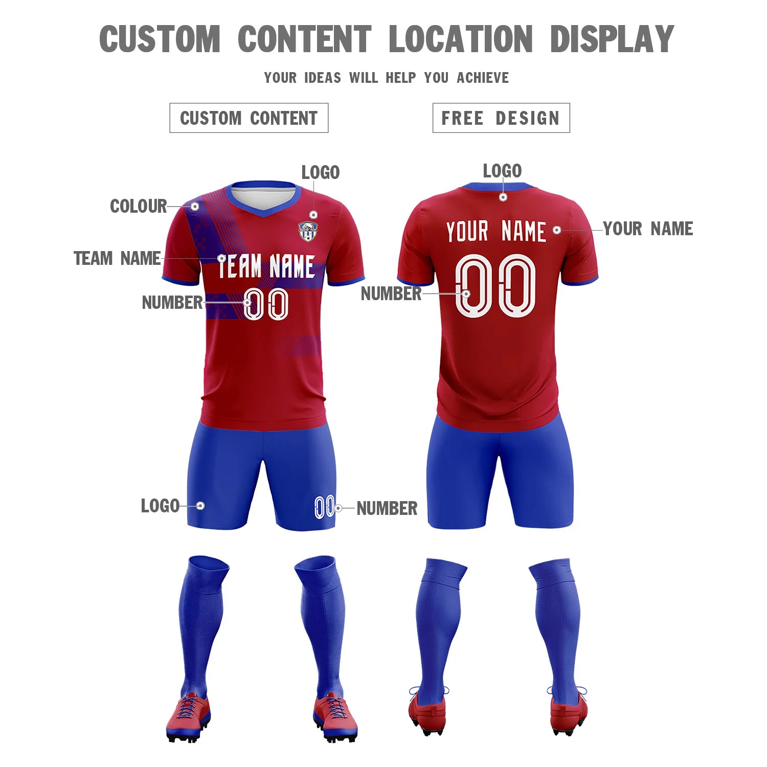 Custom Red Royal Blue Training Uniform For Men Soccer Sets Jersey