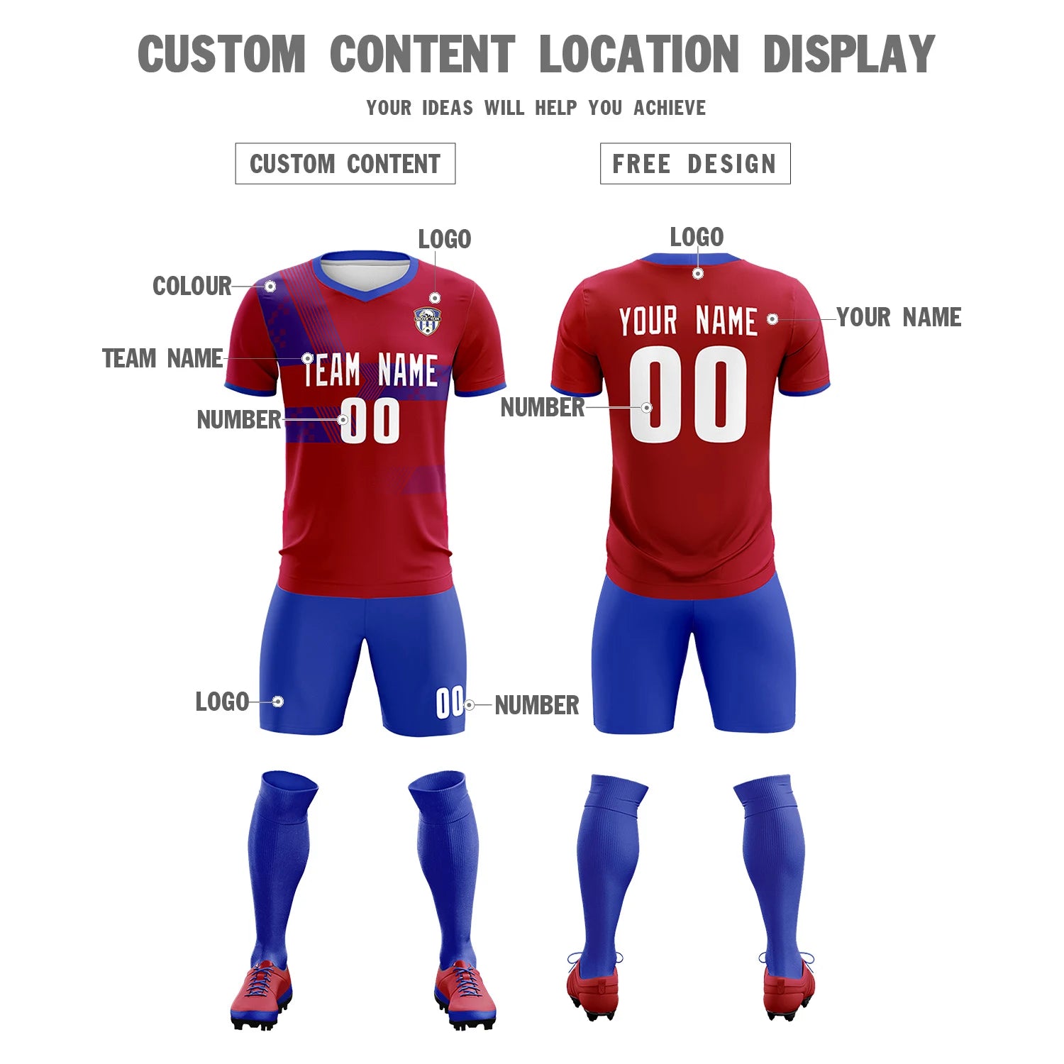 Custom Red Royal Blue Training Uniform For Men Soccer Sets Jersey