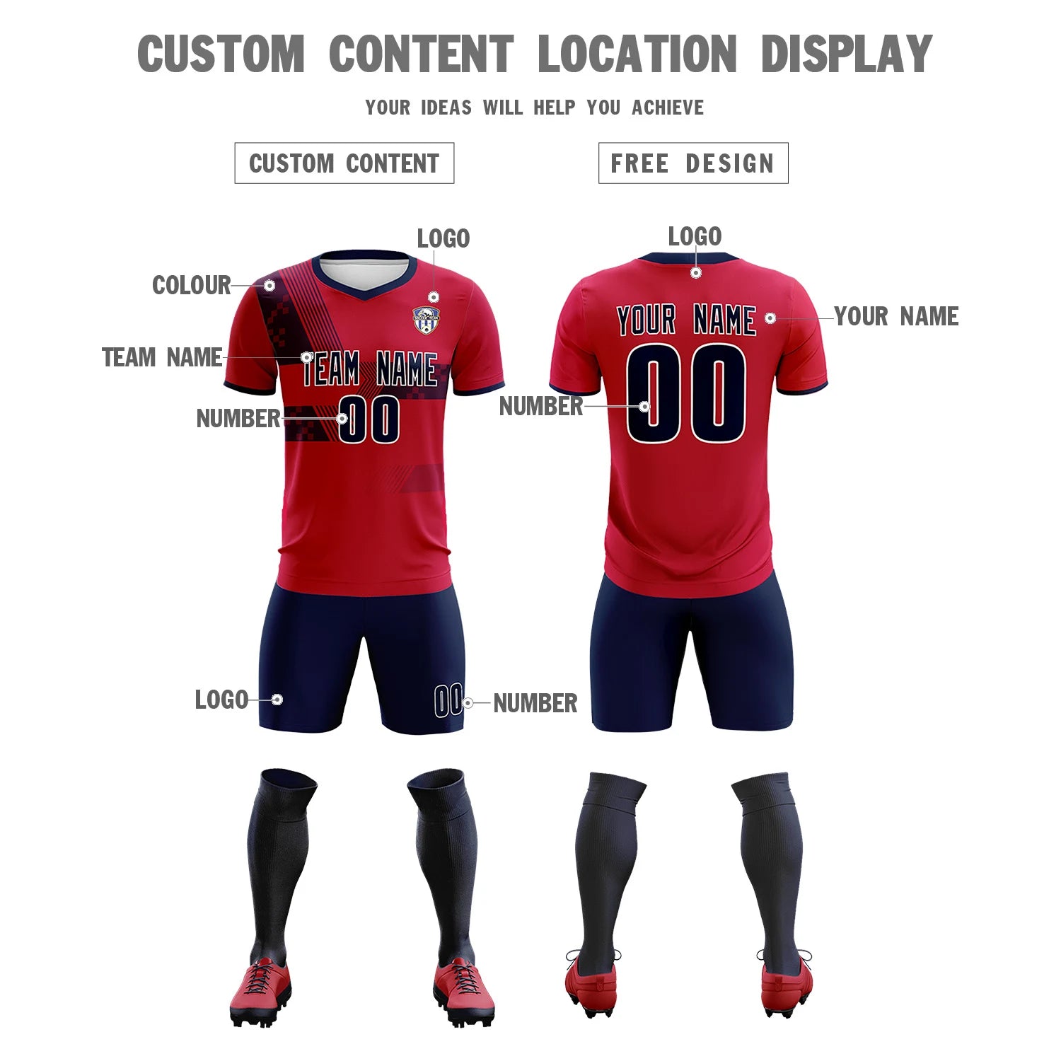 Custom Red Navy Training Uniform For Men Soccer Sets Jersey