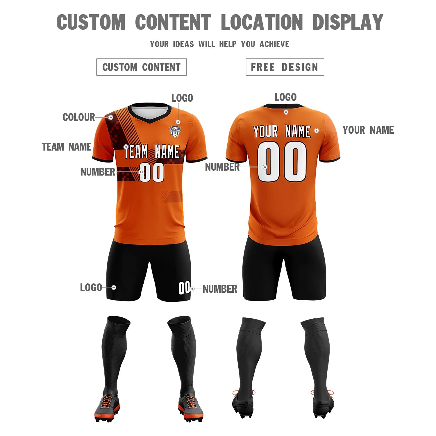 Custom Orange Black Training Uniform For Men Soccer Sets Jersey