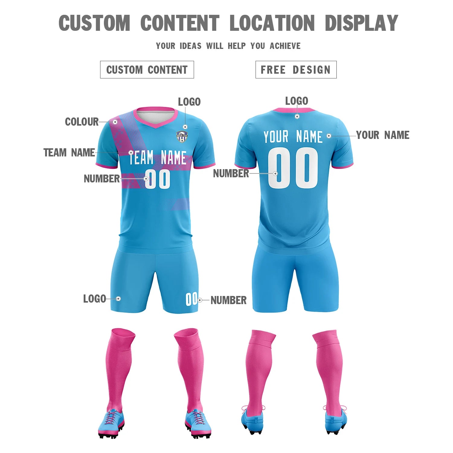 Custom Powder Blue Pink Training Uniform For Men Soccer Sets Jersey