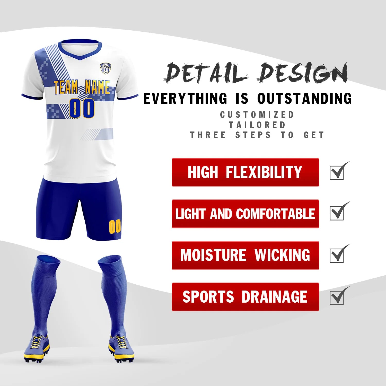 Custom White Royal Blue Training Uniform For Men Soccer Sets Jersey