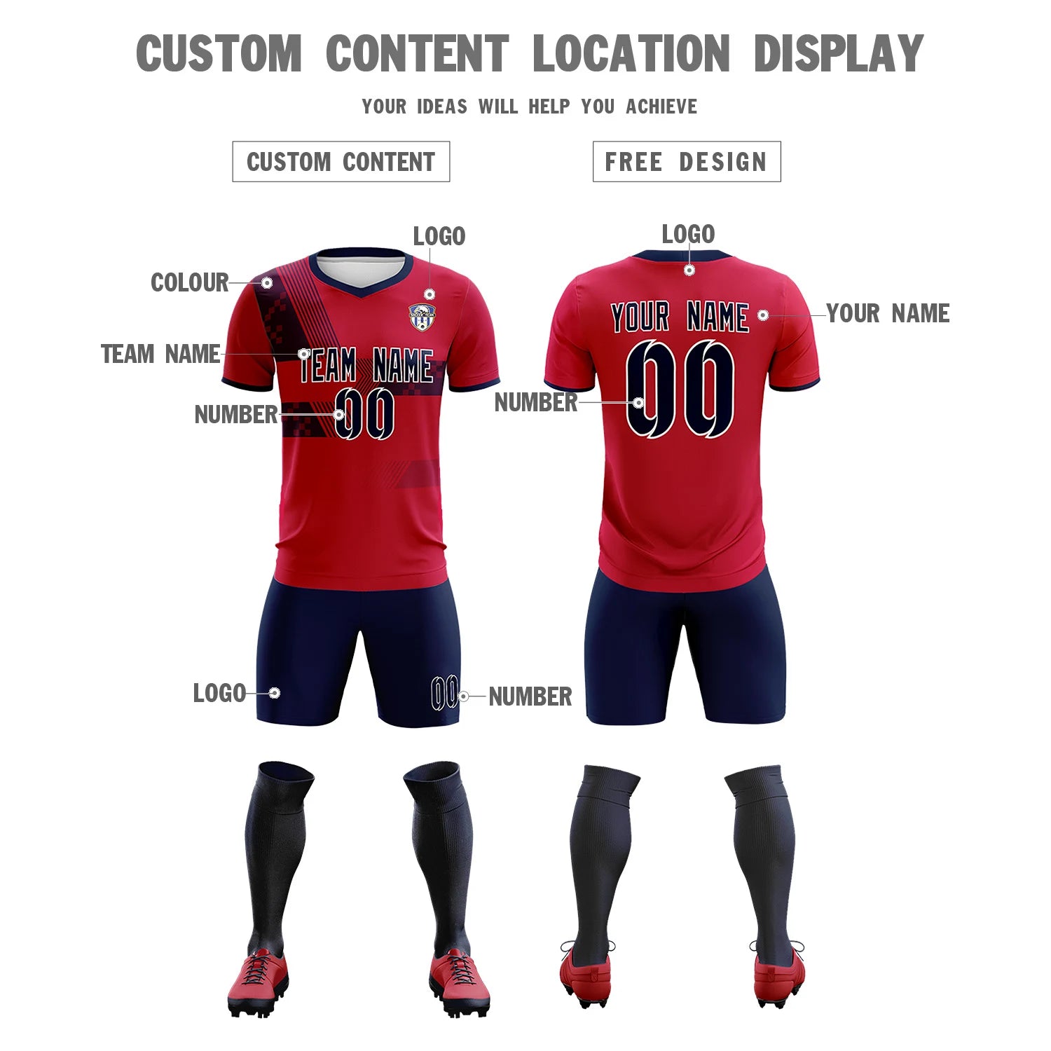 Custom Red Navy Training Uniform For Men Soccer Sets Jersey