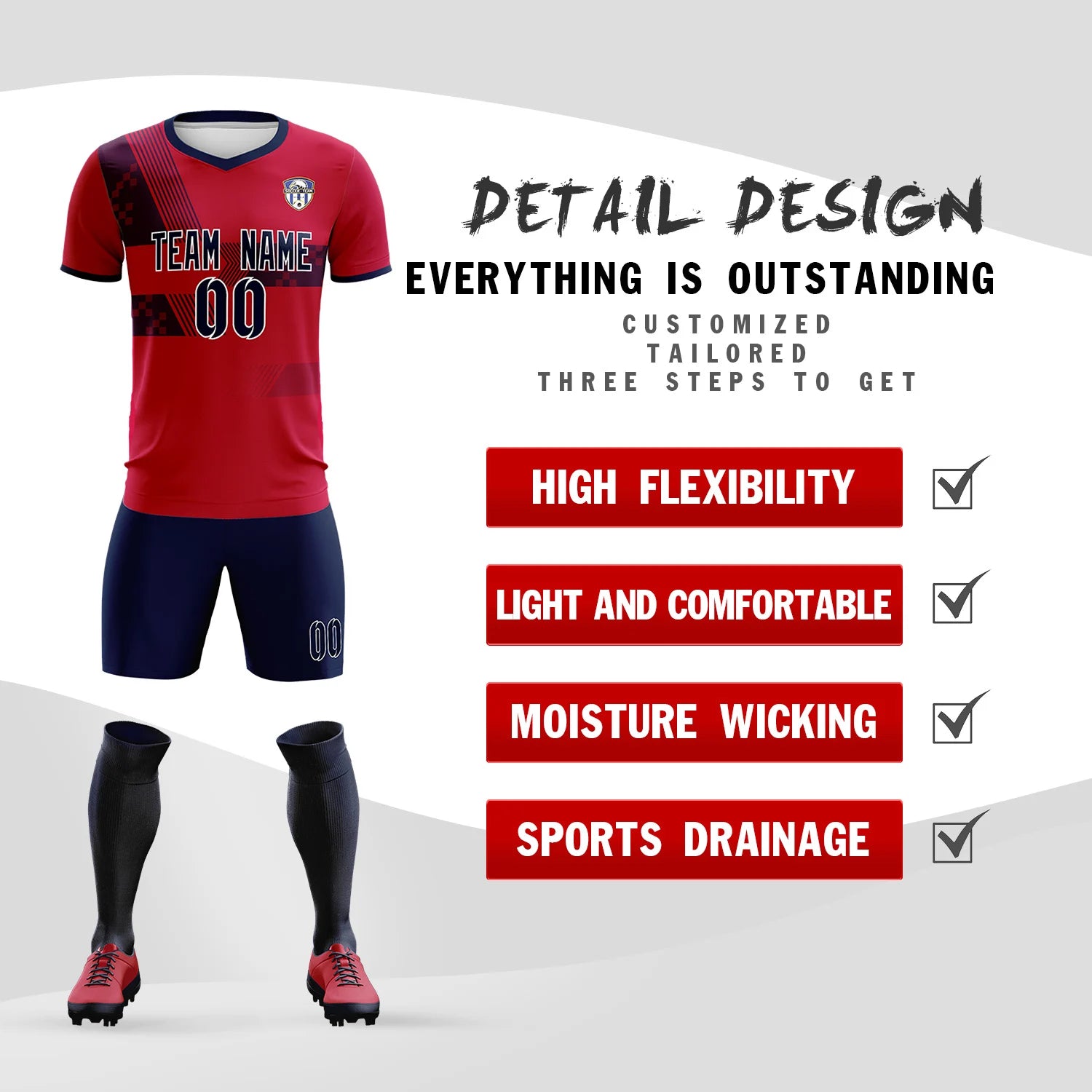 Custom Red Navy Training Uniform For Men Soccer Sets Jersey