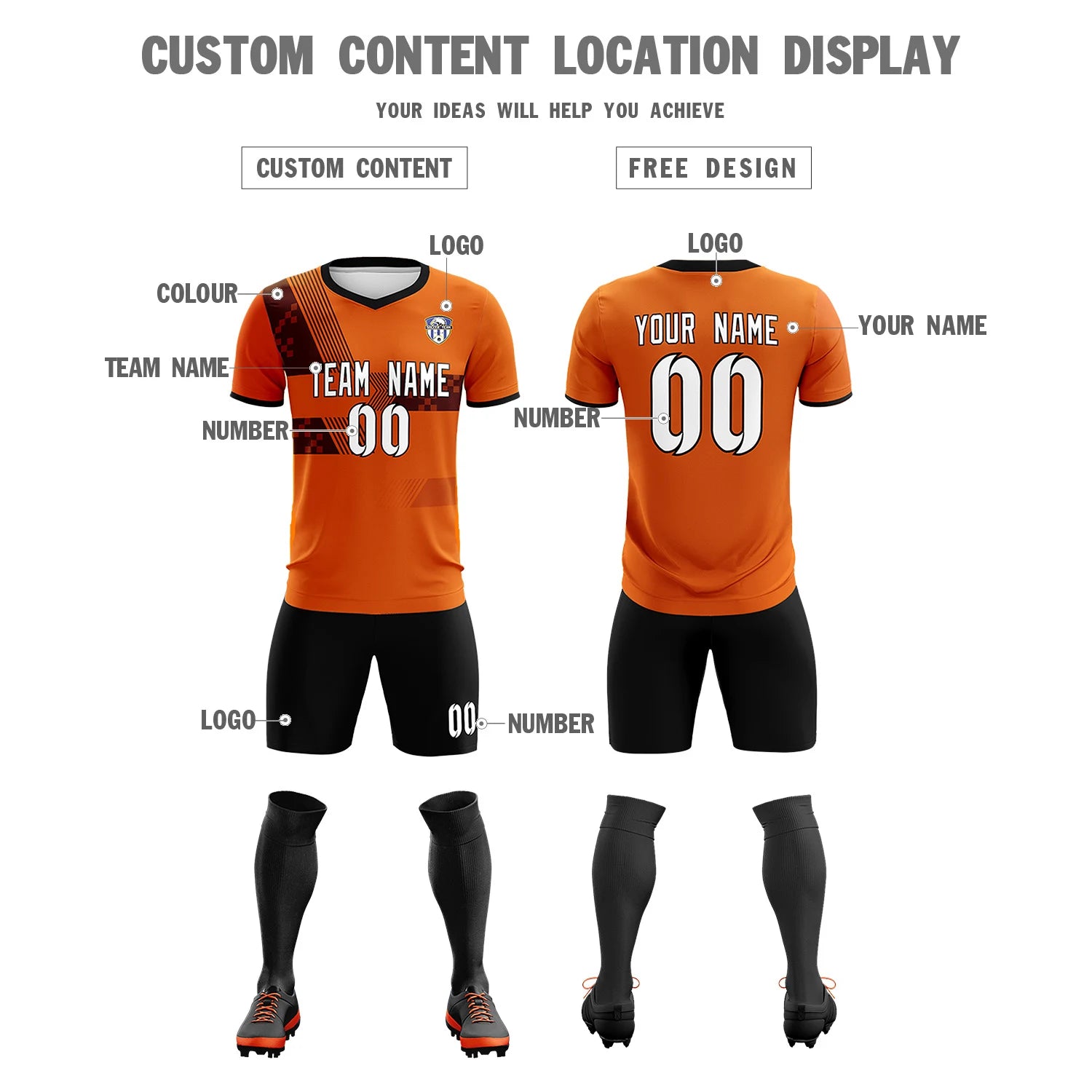 Custom Orange Black Training Uniform For Men Soccer Sets Jersey